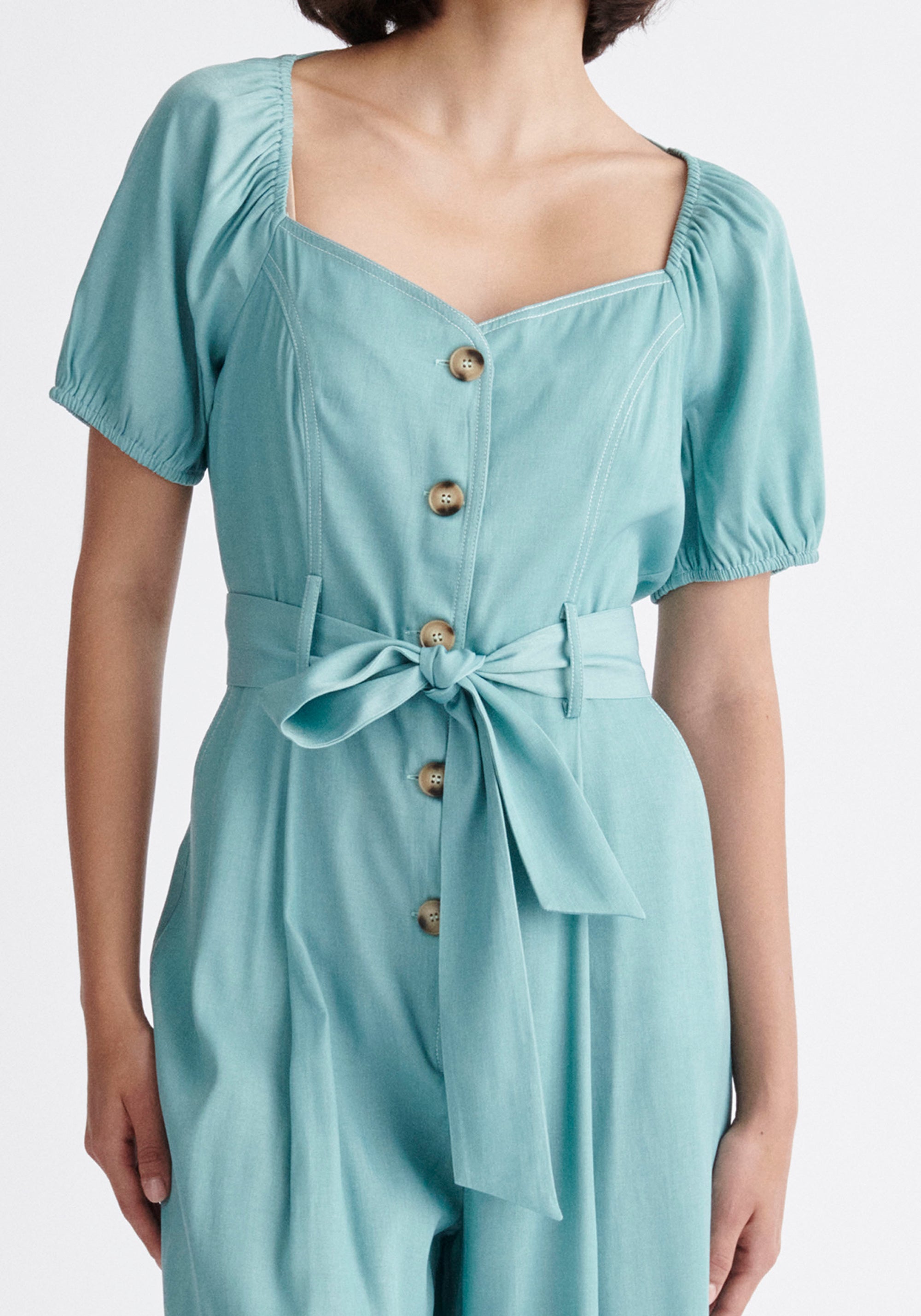 Paisie Puff Sleeve Sweetheart Jumpsuit in Teal Close Up