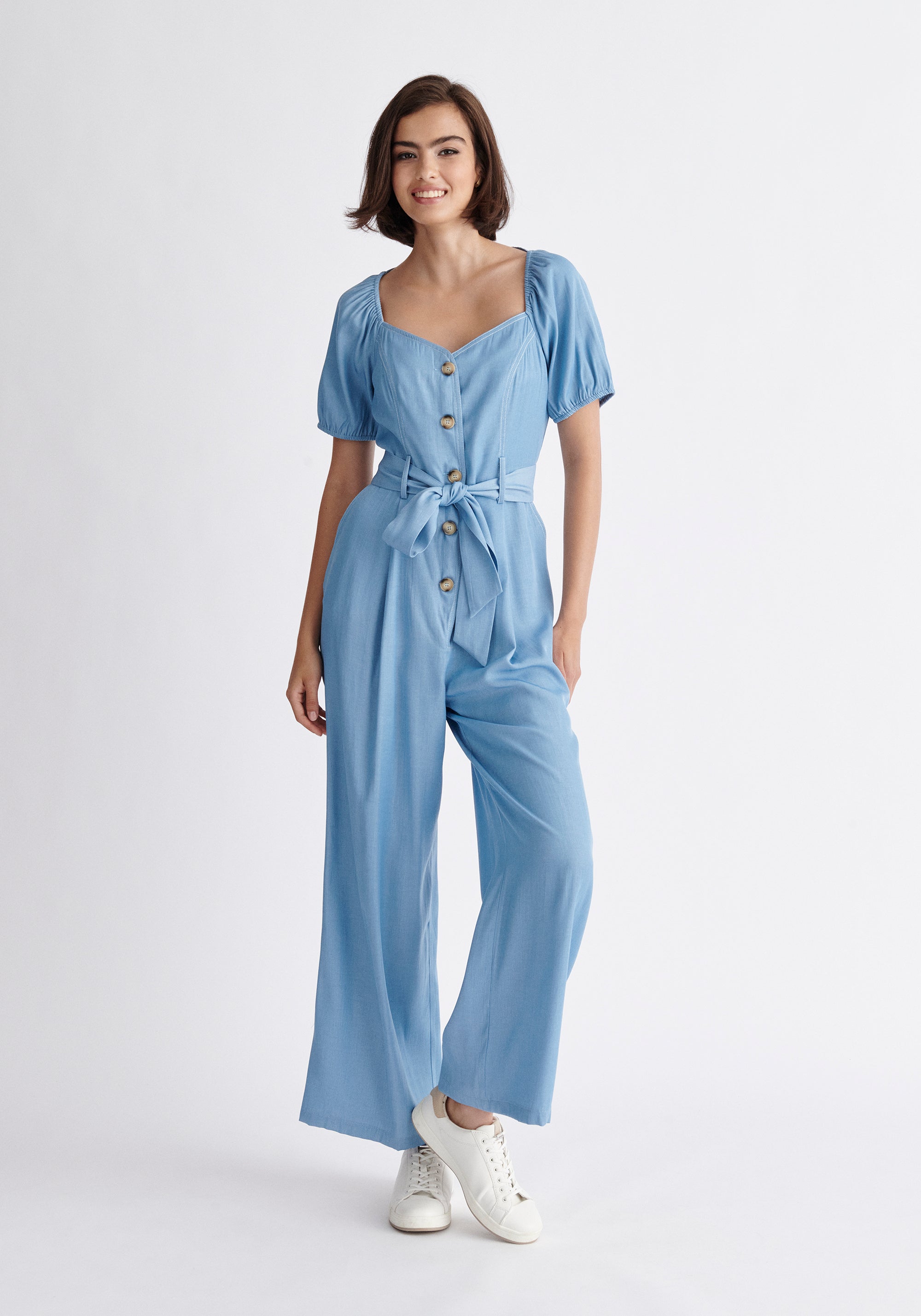 Paisie Puff Sleeve Sweetheart Jumpsuit in Light Blue