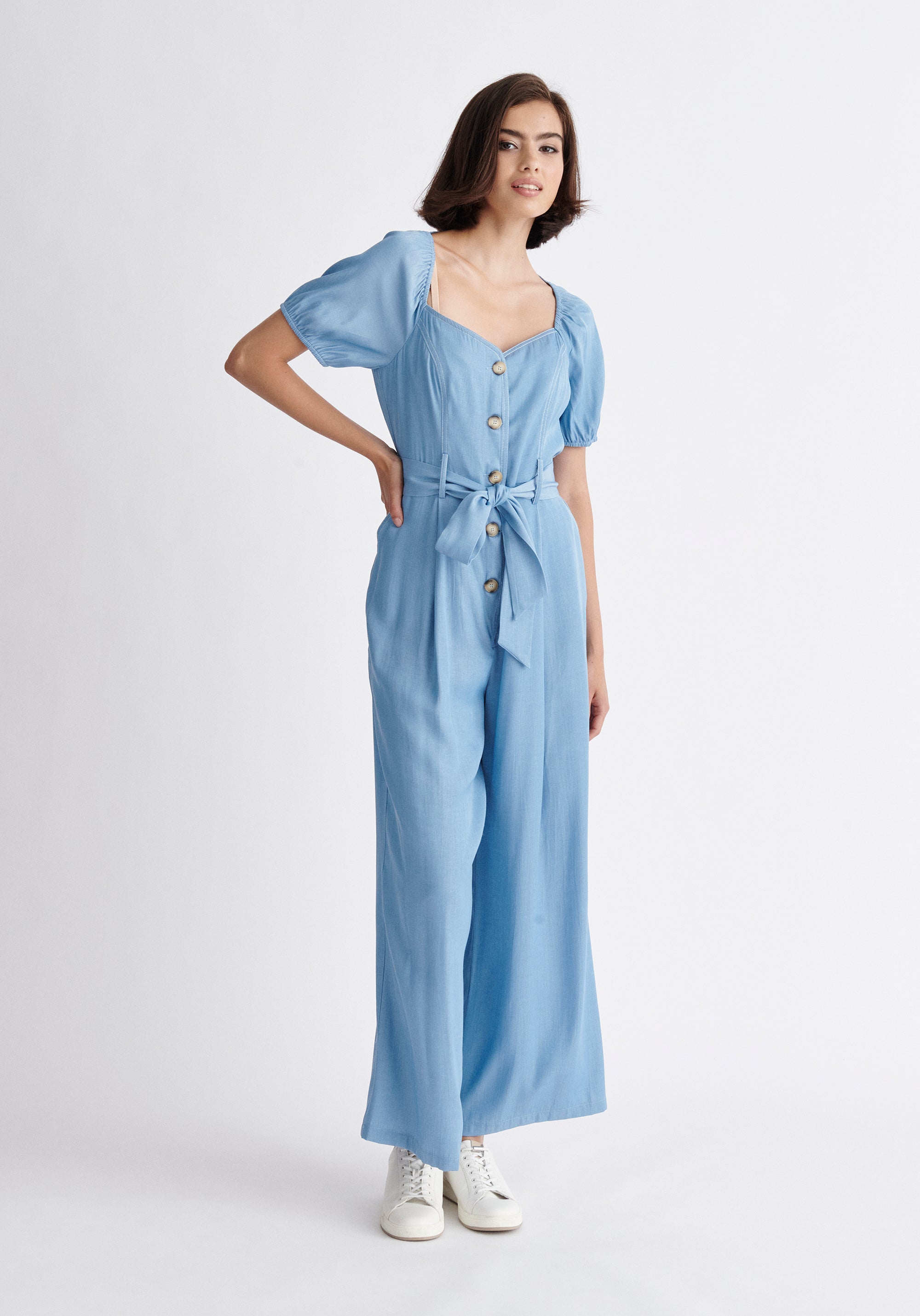 Paisie Puff Sleeve Sweetheart Jumpsuit in Light Blue