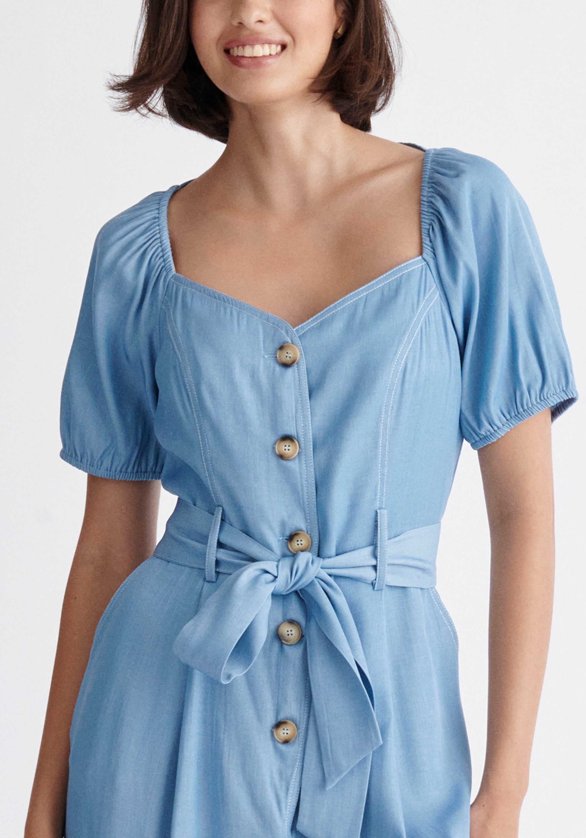 Paisie Puff Sleeve Sweetheart Jumpsuit in Light Blue Close Up