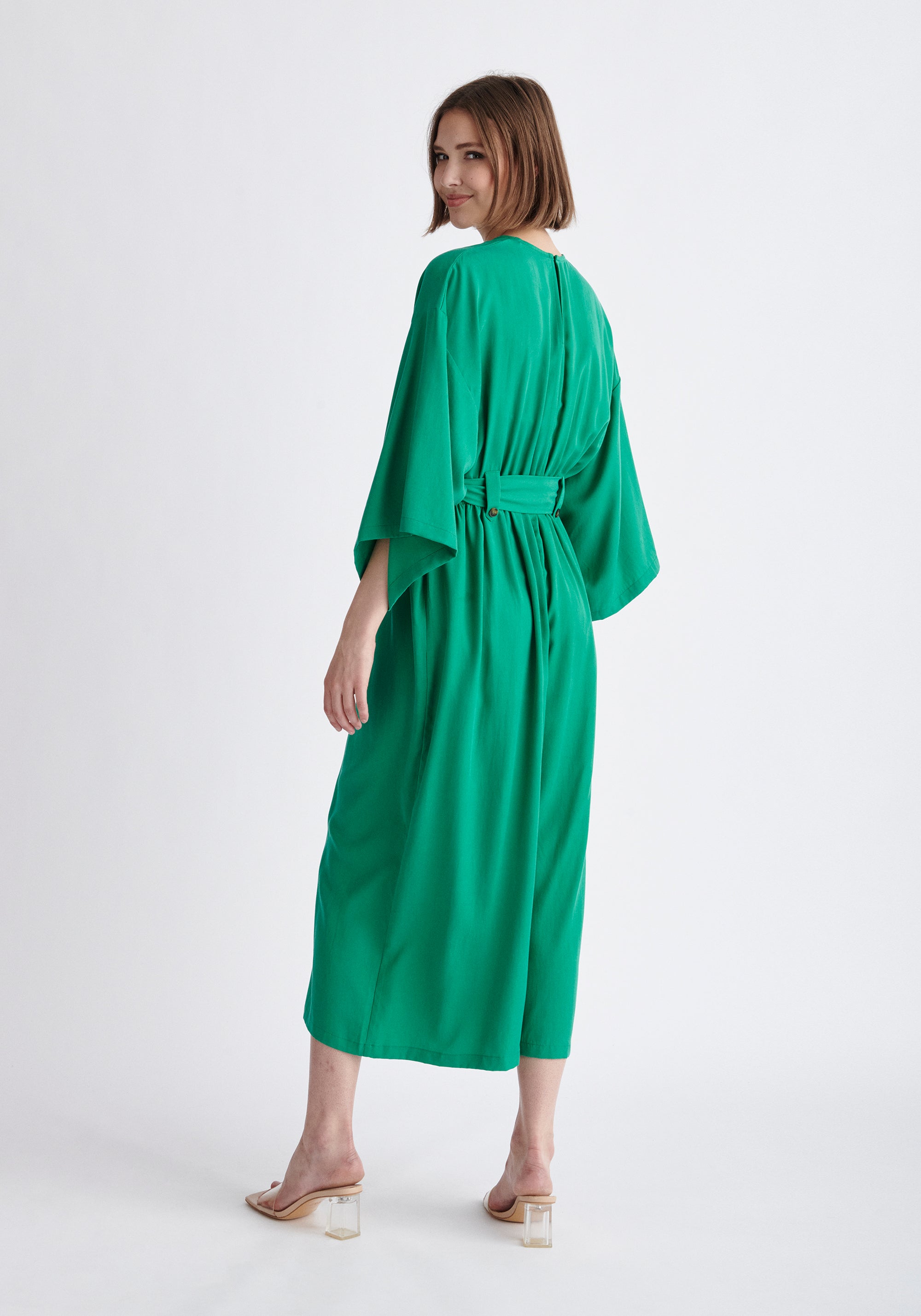 Paisie Tencel Kimono Jumpsuit in Green Back