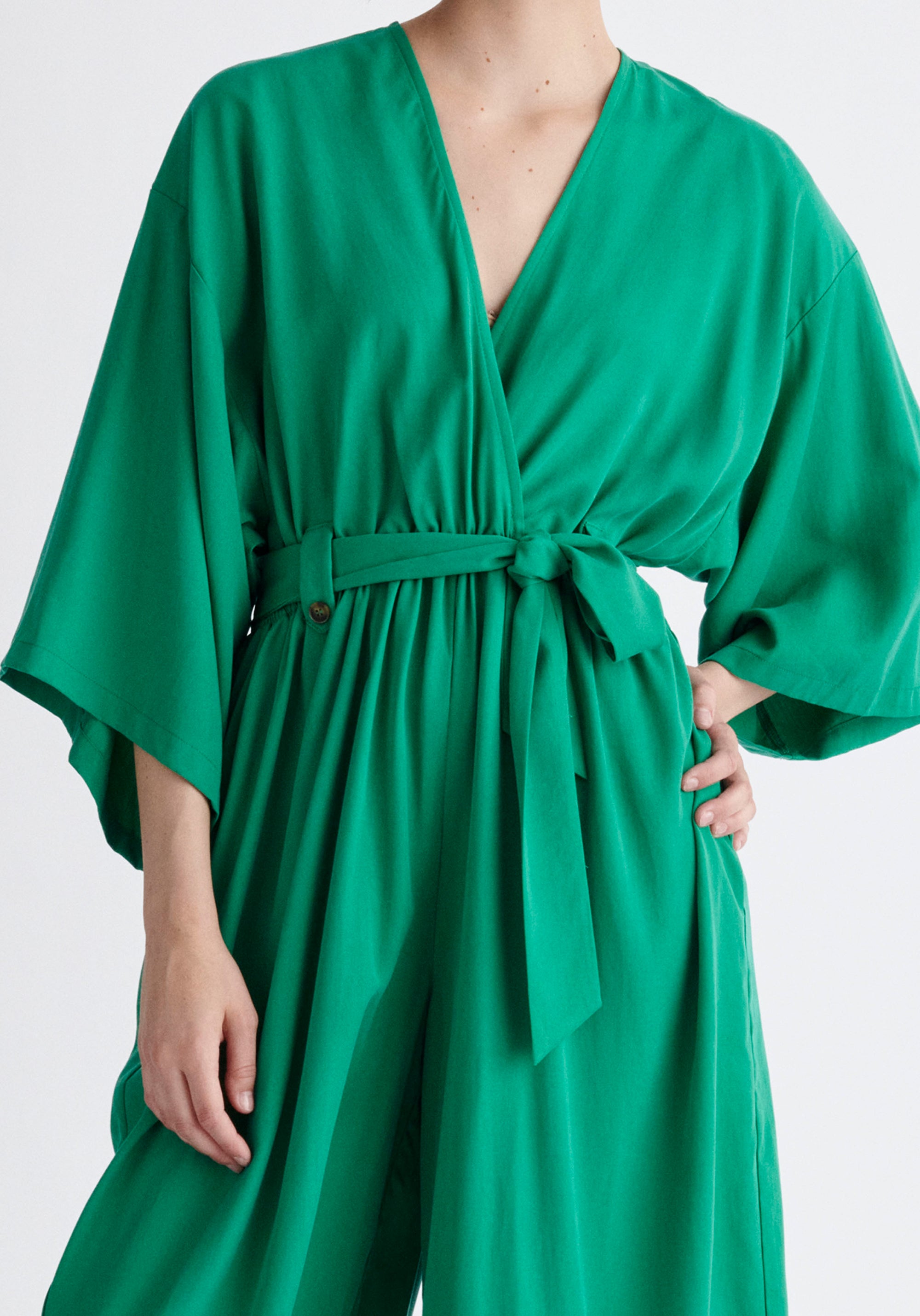 Paisie Tencel Kimono Jumpsuit in Green Close Up