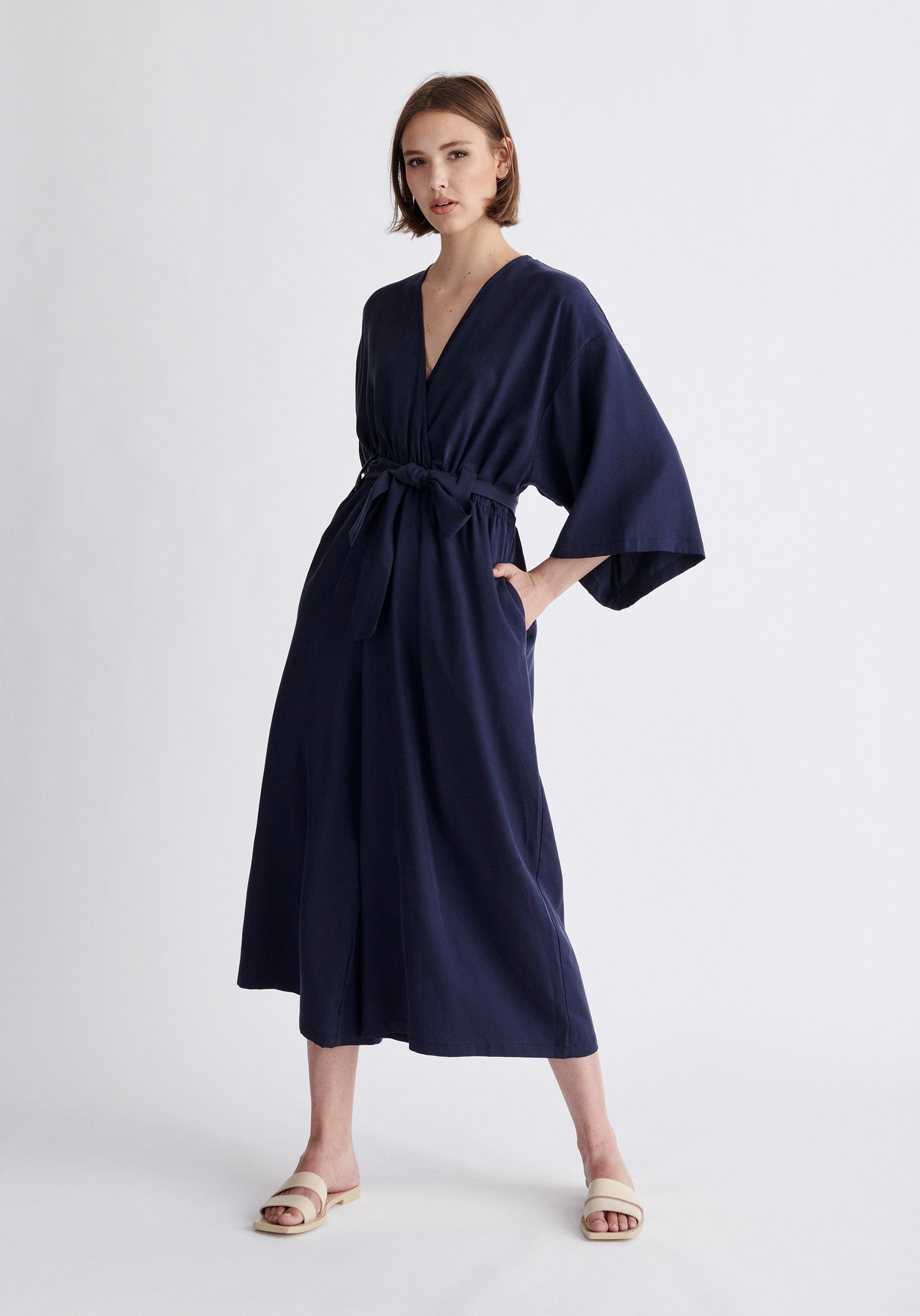 Paisie Tencel Kimono Jumpsuit in Navy