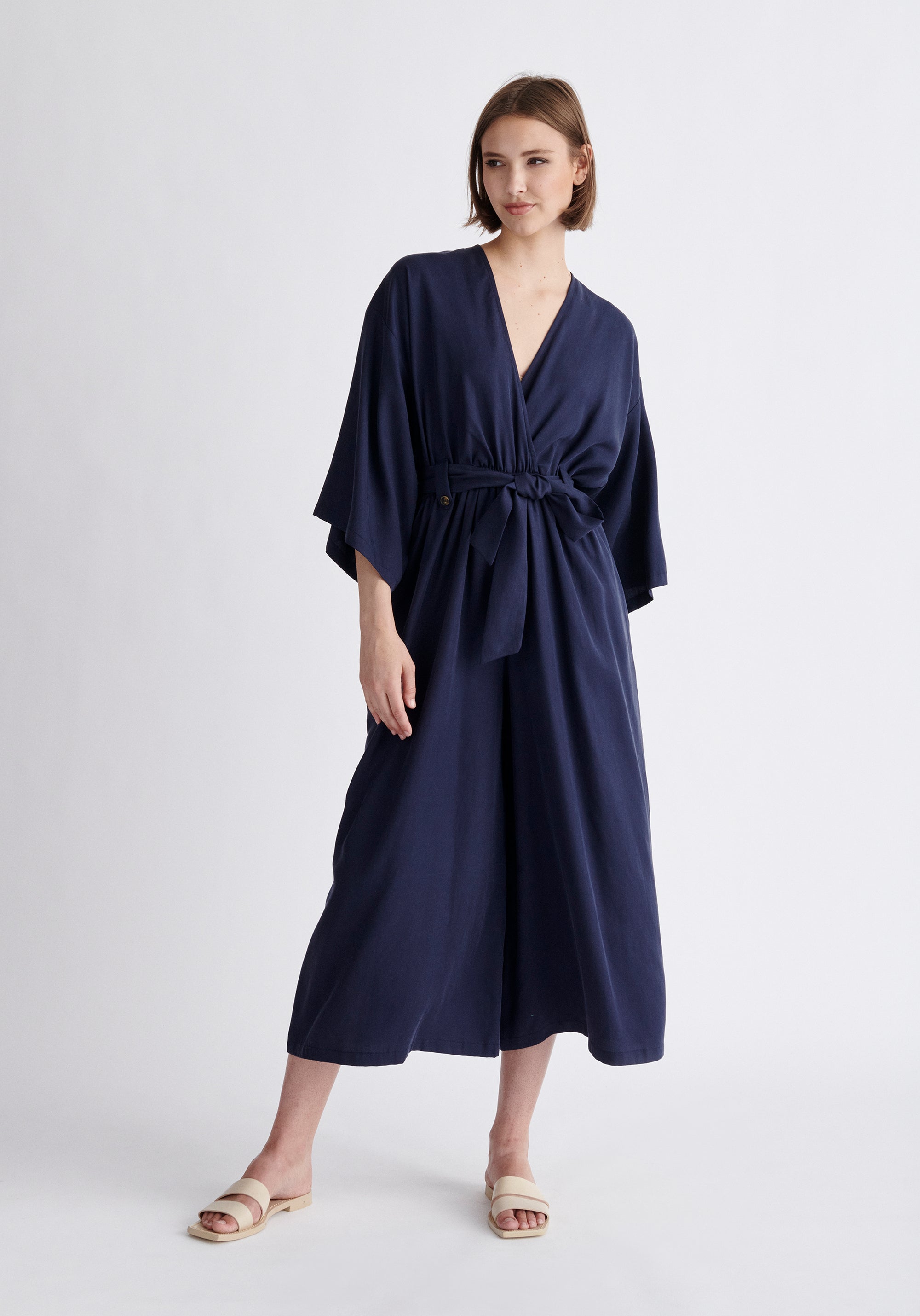 Paisie Tencel Kimono Jumpsuit in Navy