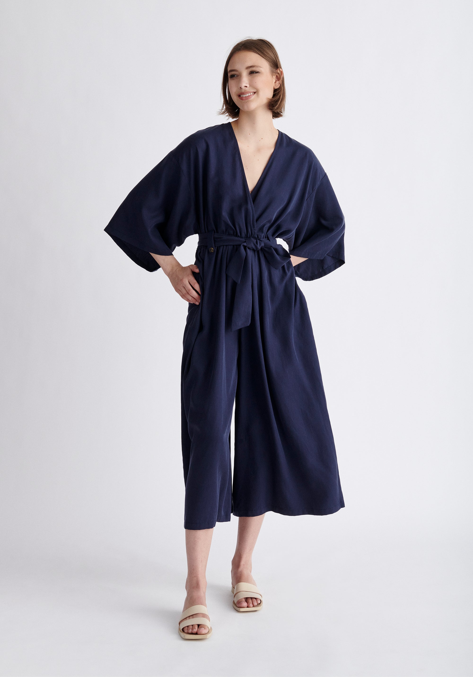 Paisie Tencel Kimono Jumpsuit in Navy