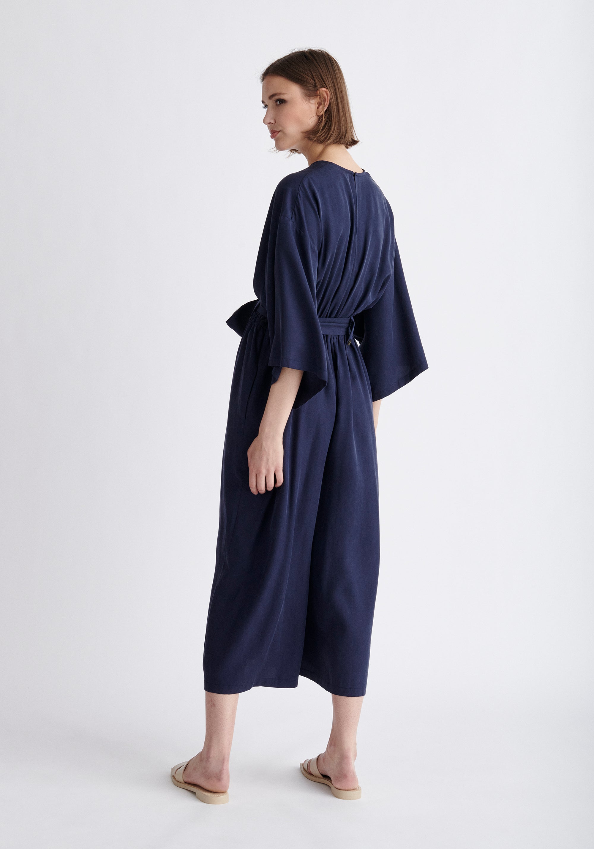 Paisie Tencel Kimono Jumpsuit in Navy Back