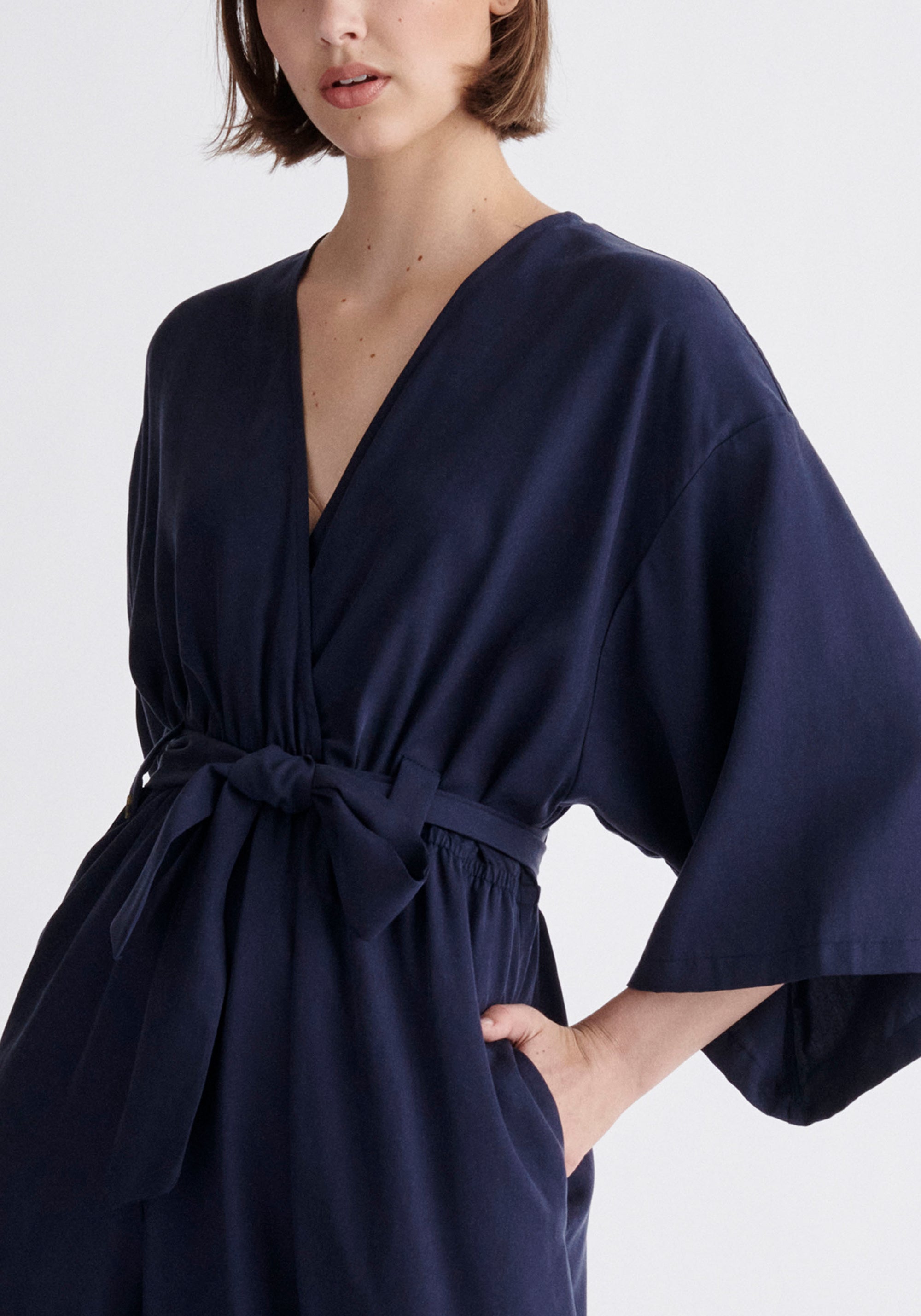 Paisie Tencel Kimono Jumpsuit in Navy Close Up