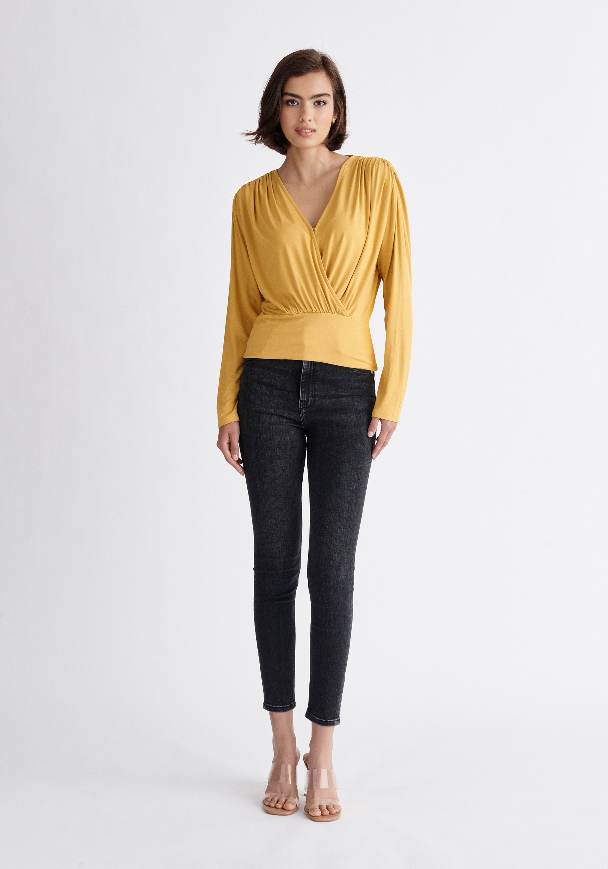 Paisie Draped Wrap Jersey Top in Yellow