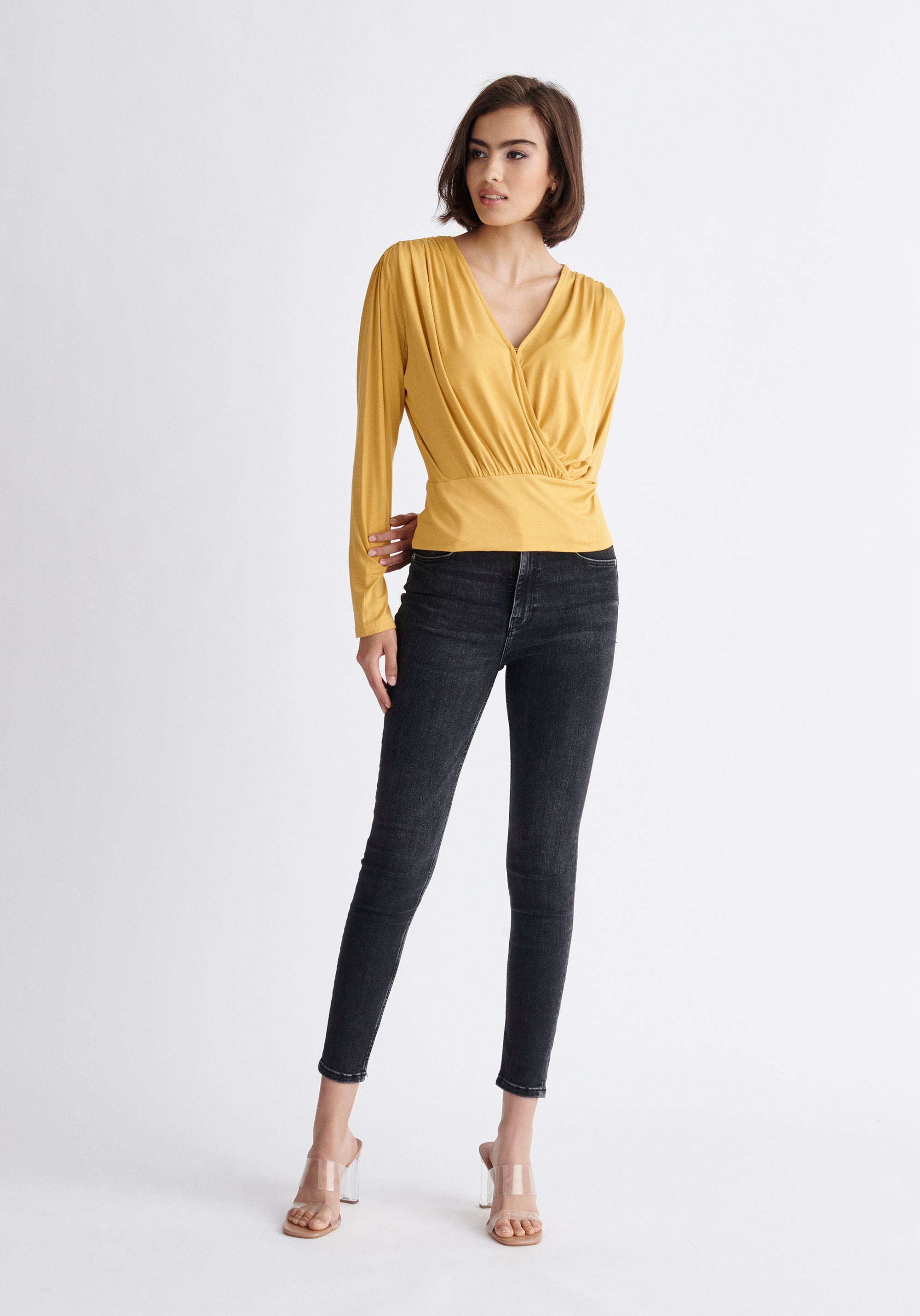 Paisie Draped Wrap Jersey Top in Yellow