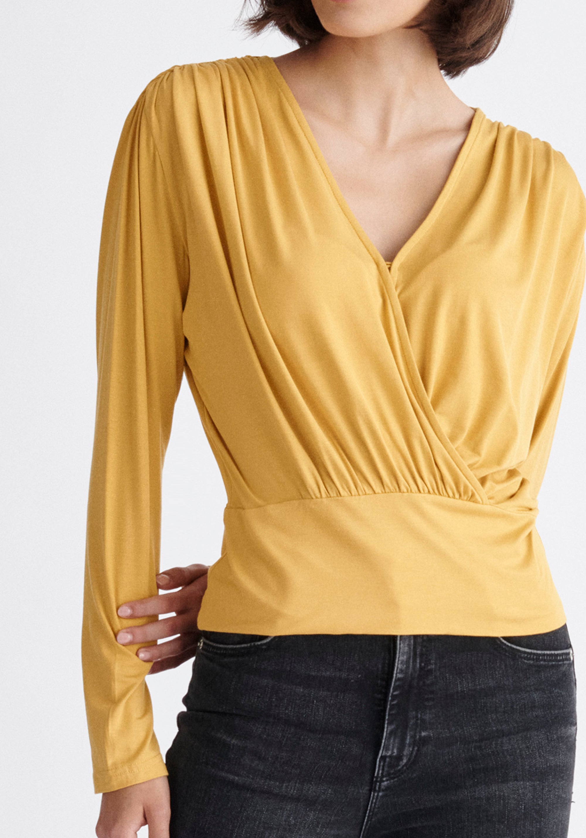 Paisie Draped Wrap Jersey Top in Yellow Close Up