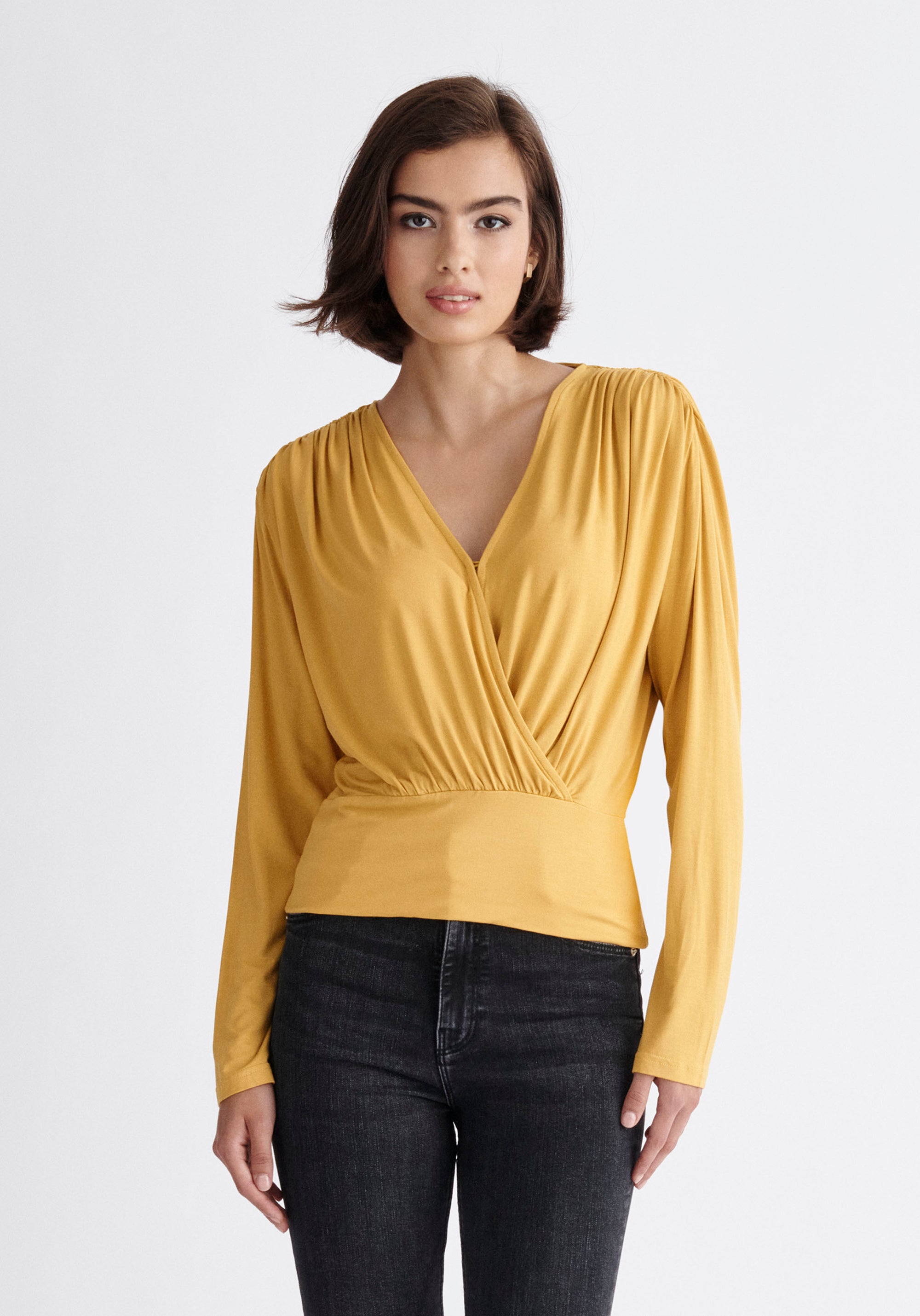 Paisie Draped Wrap Jersey Top in Yellow