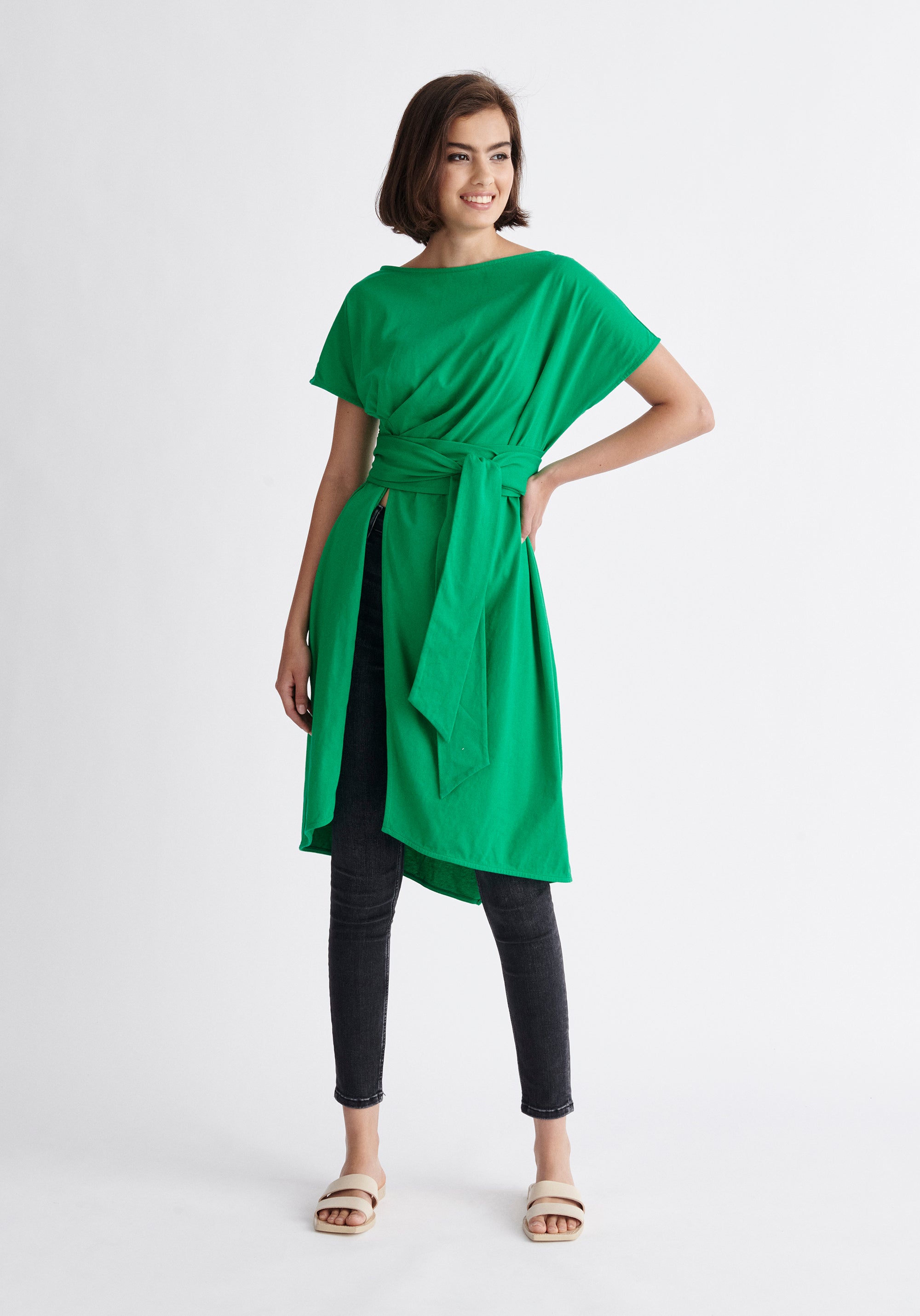 Paisie Long Waist Tie Cotton Top in Green