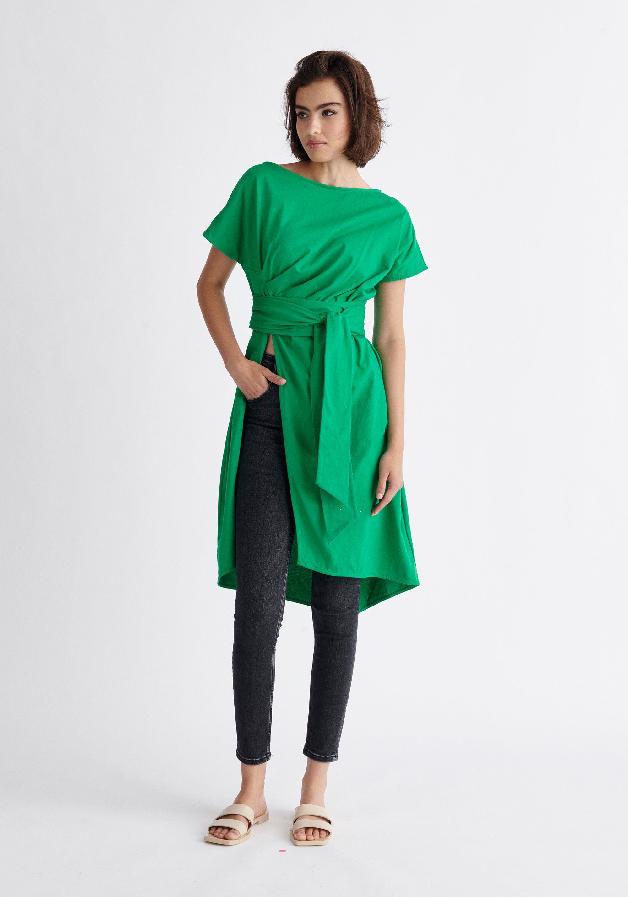 Paisie Long Waist Tie Cotton Top in Green