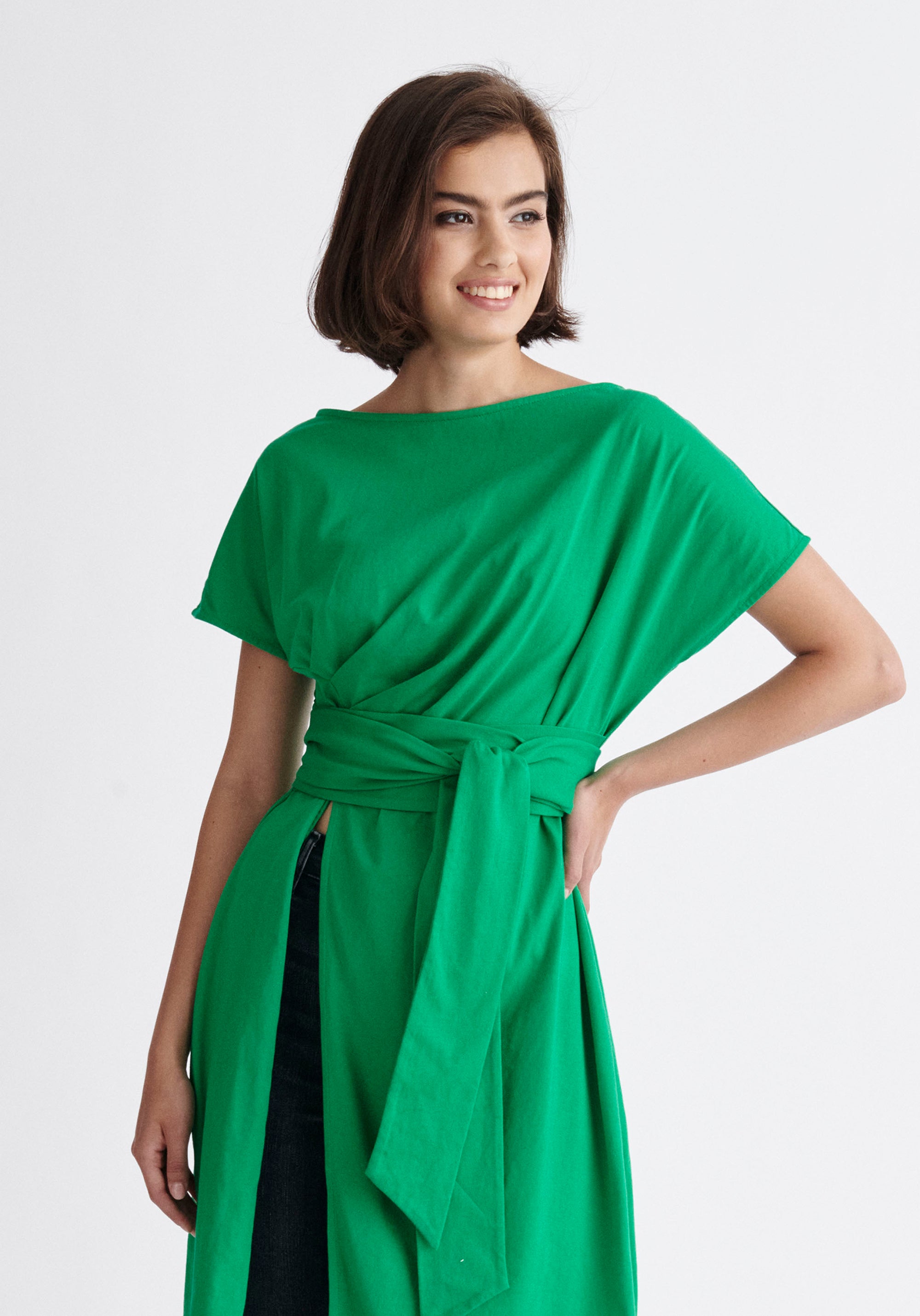 Paisie Long Waist Tie Cotton Top in Green