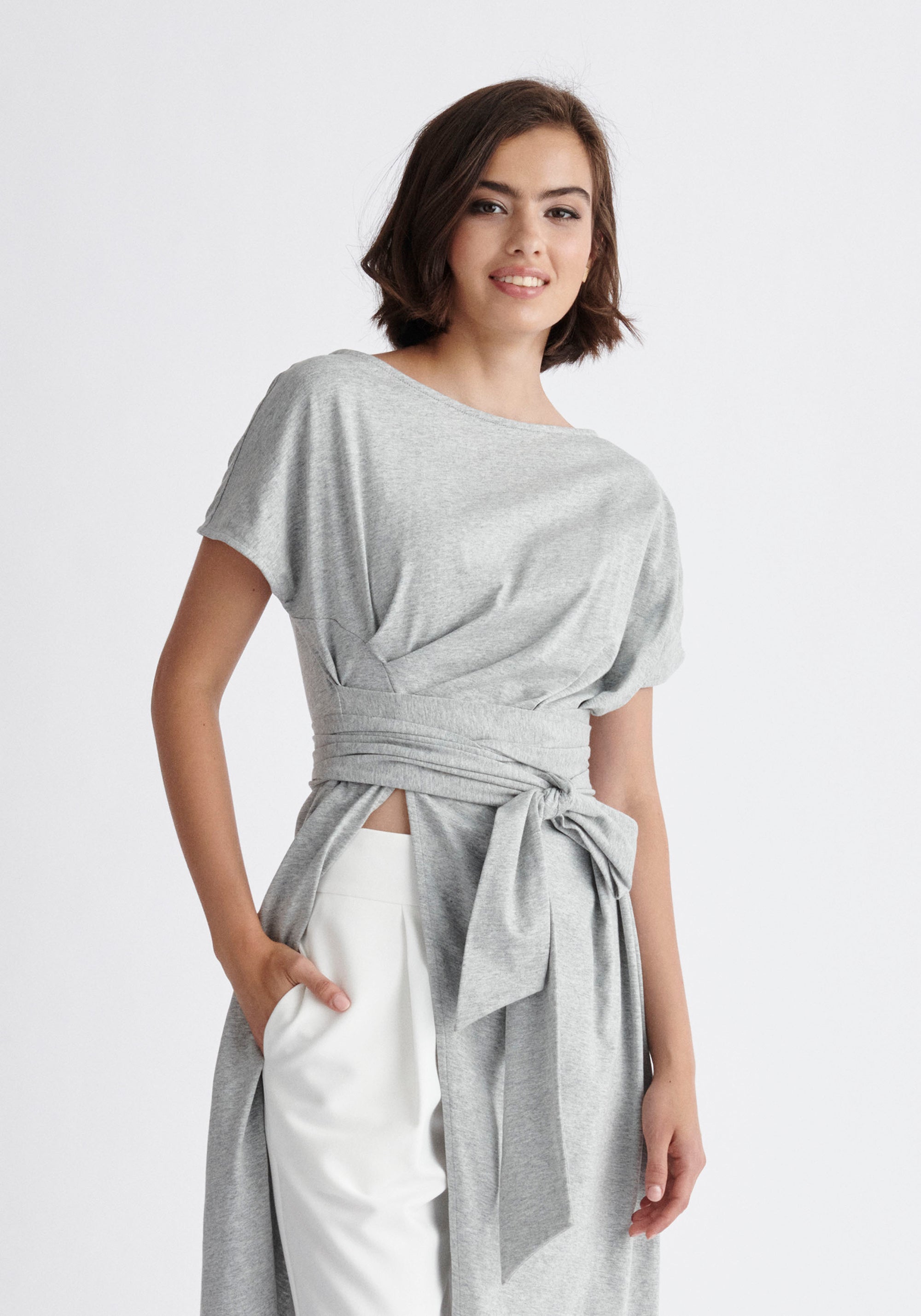 Paisie Long Waist Tie Cotton Top in Light Grey