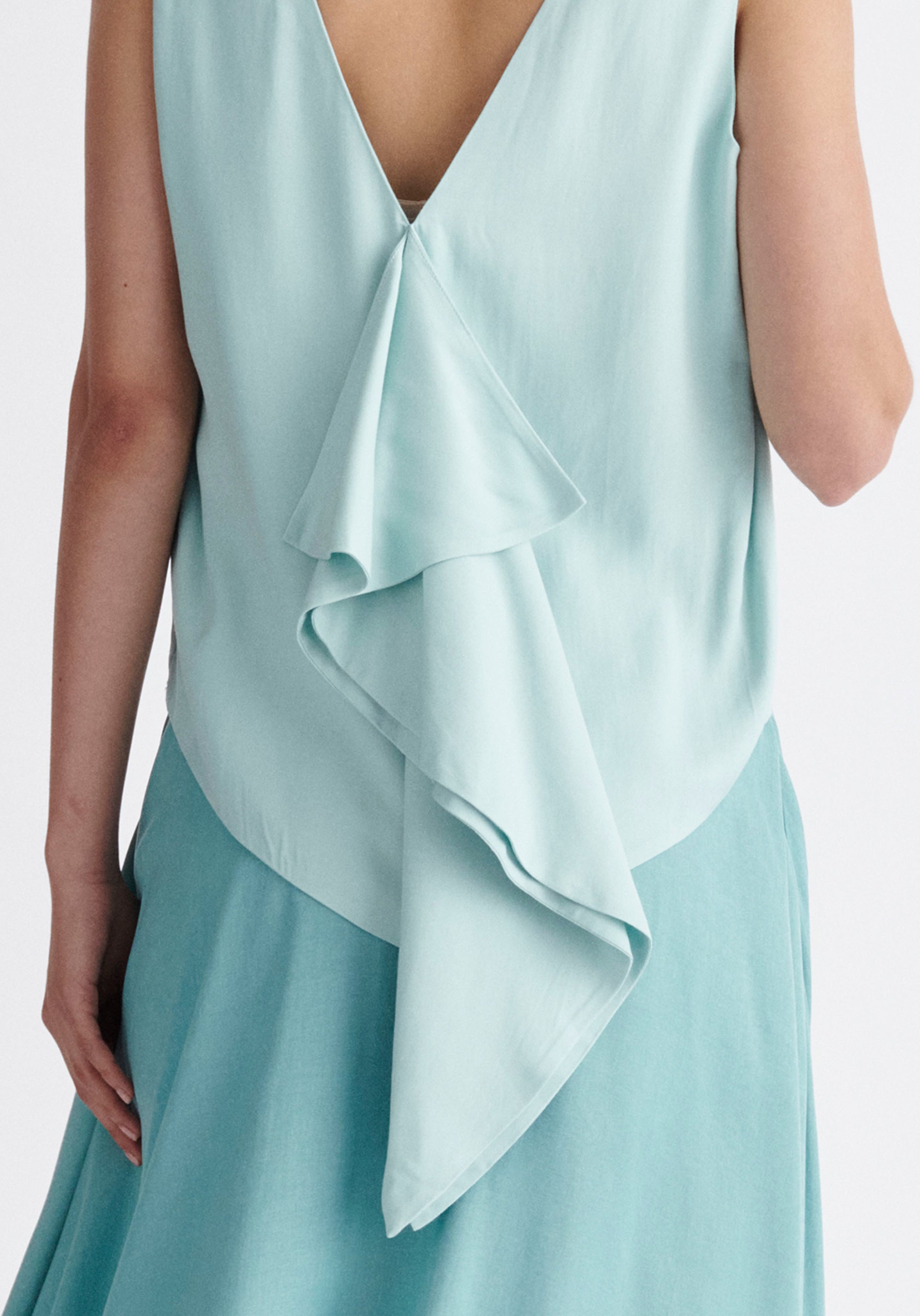 Paisie Boxy Ruffle Top in Teal Close Up