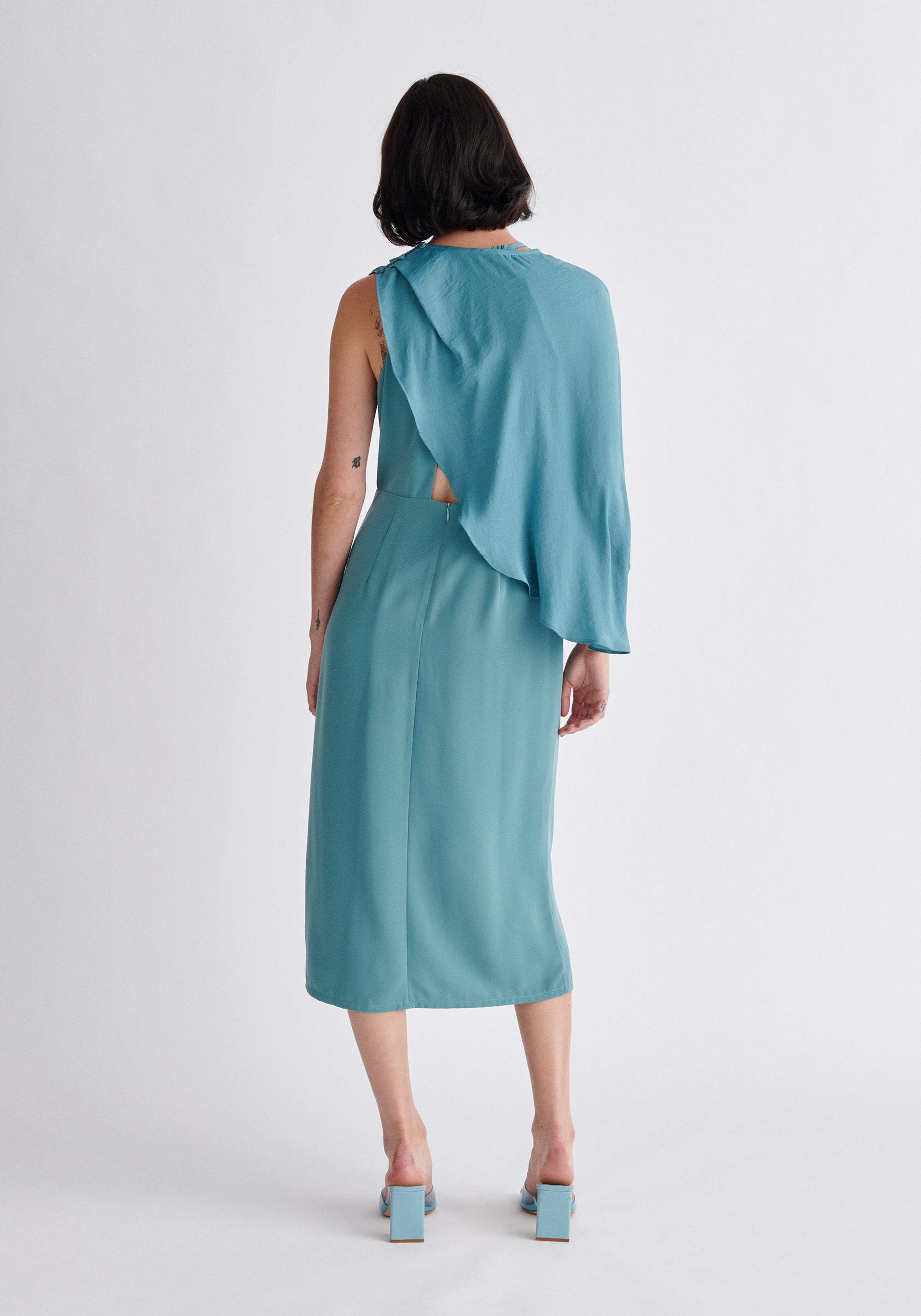 Paisie Detachable Cape Dress in Teal Back