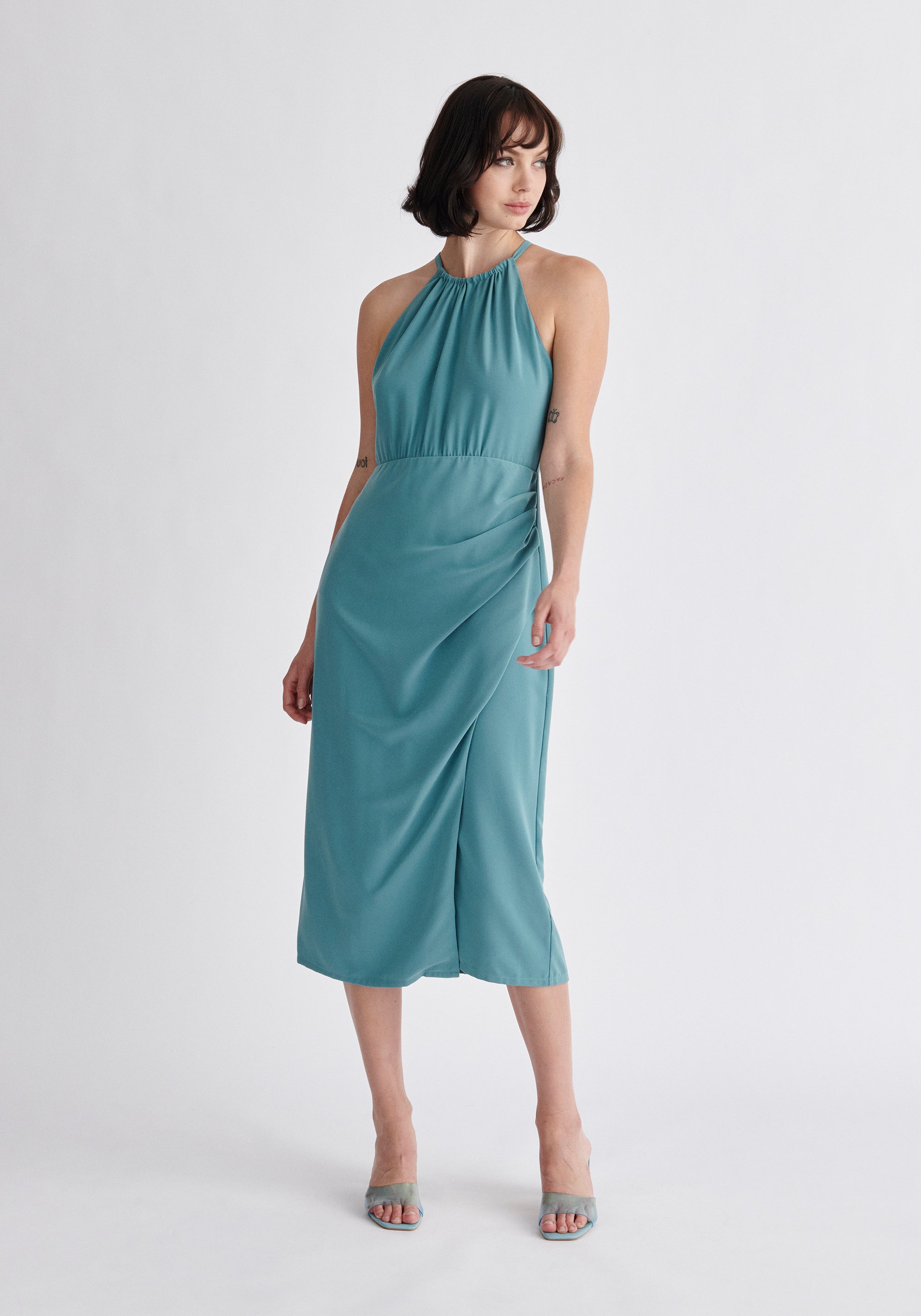 Paisie Detachable Cape Dress in Teal