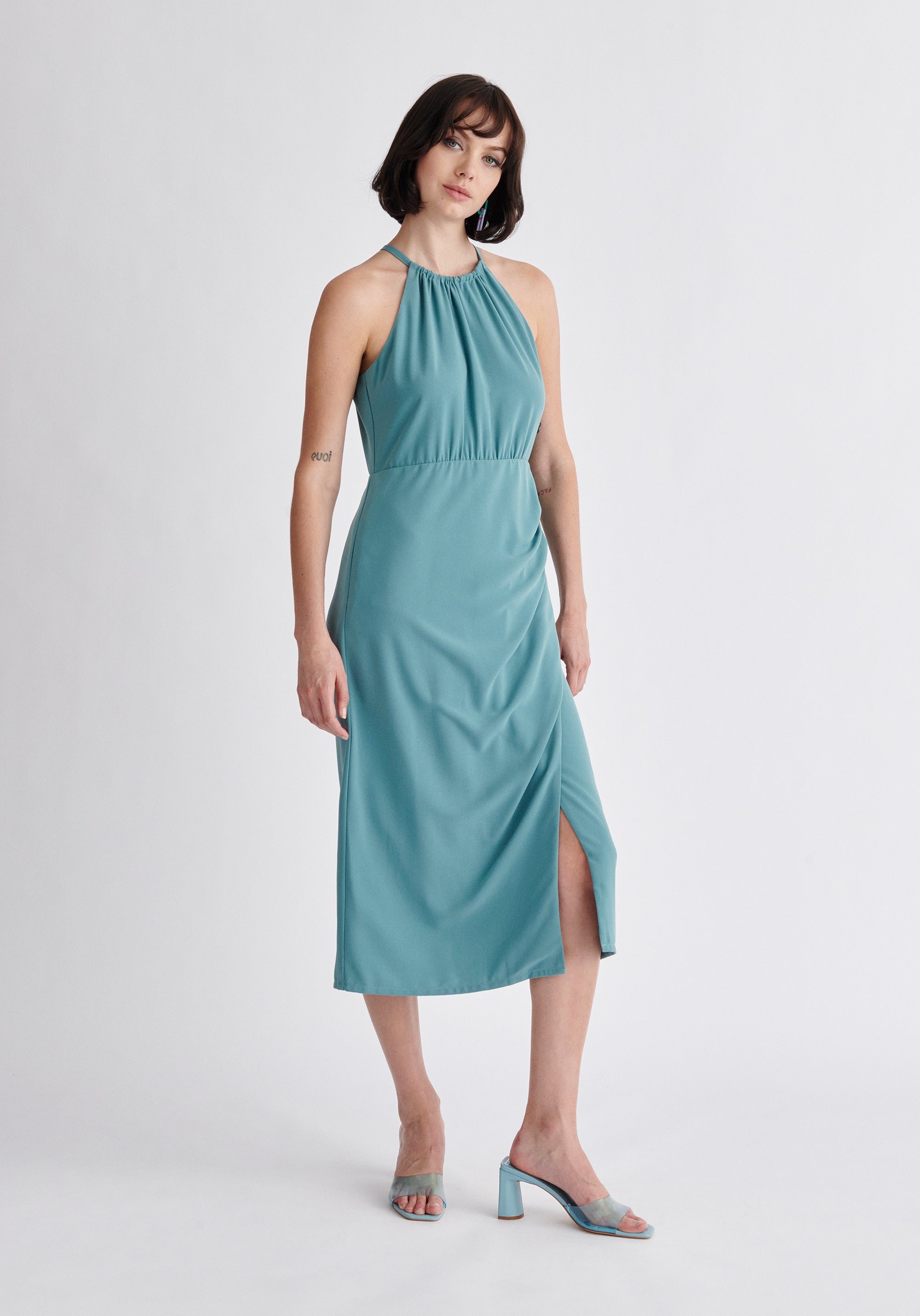 Paisie Detachable Cape Dress in Teal