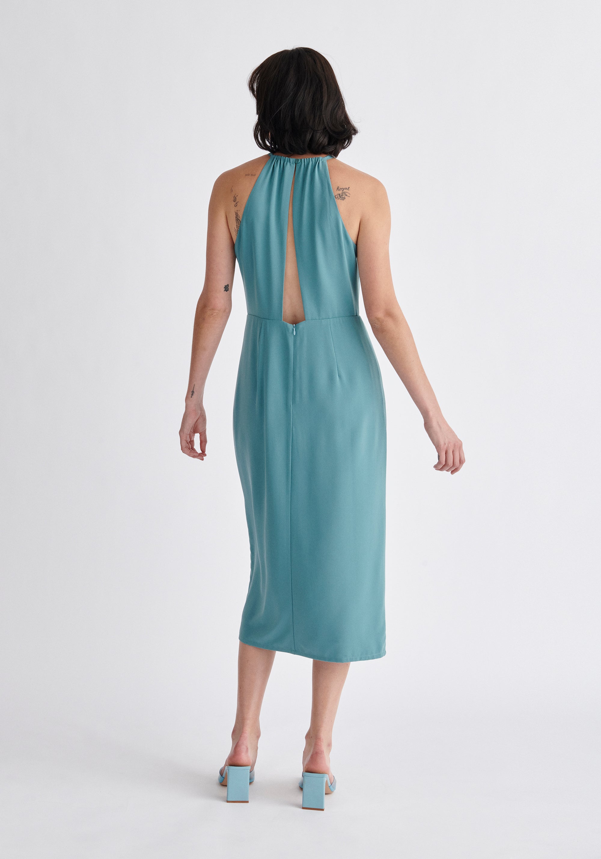 Paisie Detachable Cape Dress in Teal Back