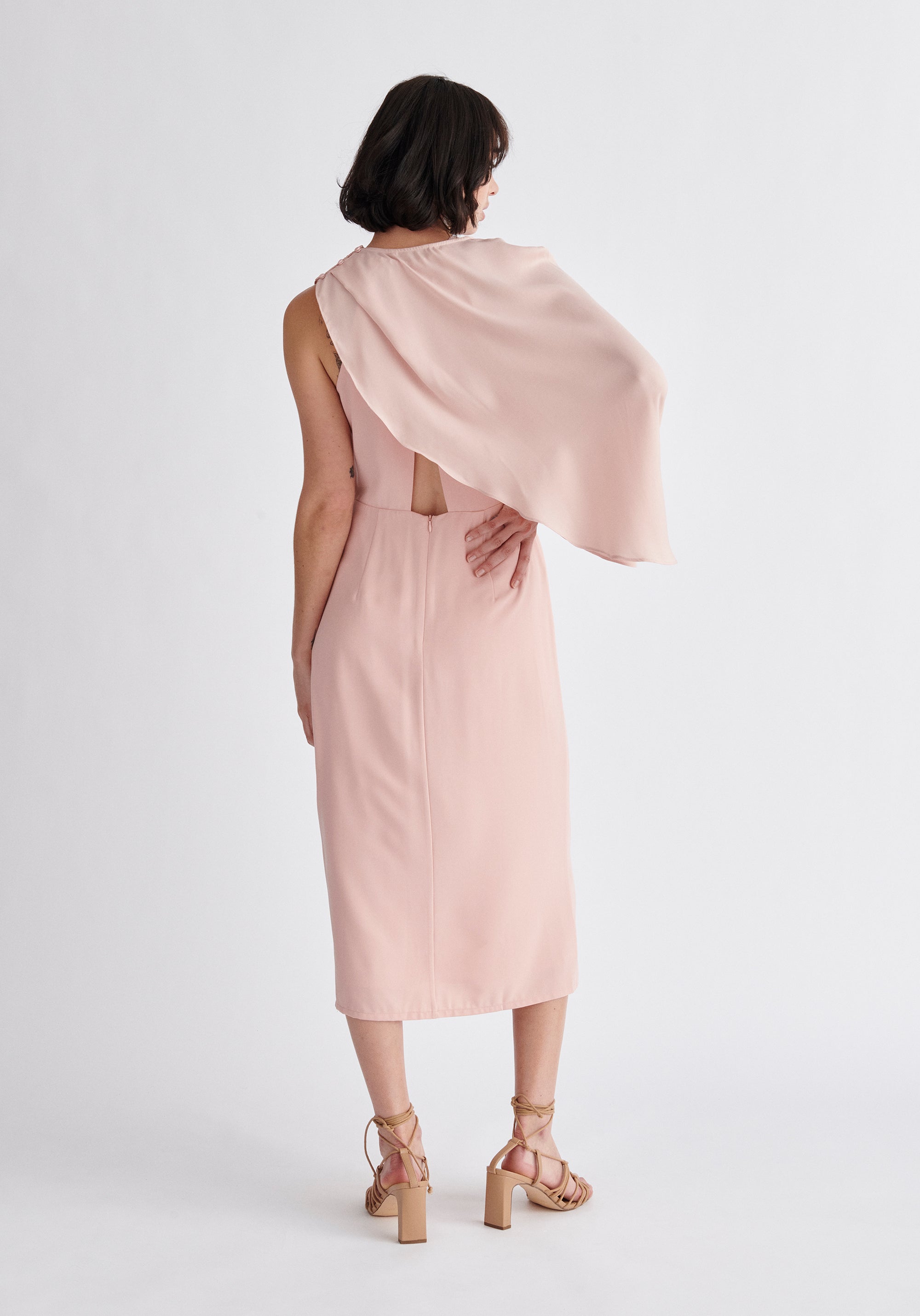 Paisie Detachable Cape Dress in Pink Back