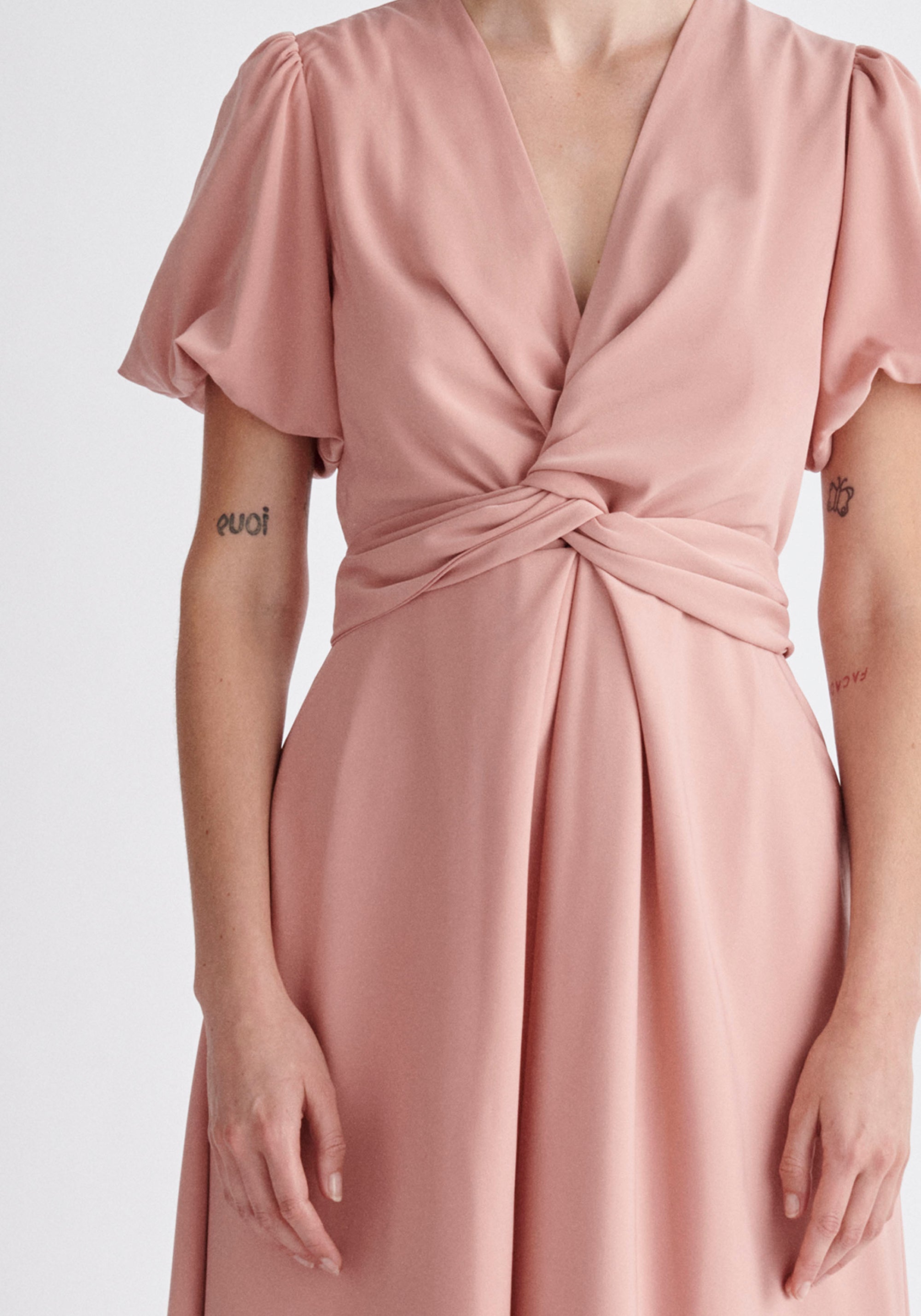 Paisie Midi Twist Dress in Pink Close Up