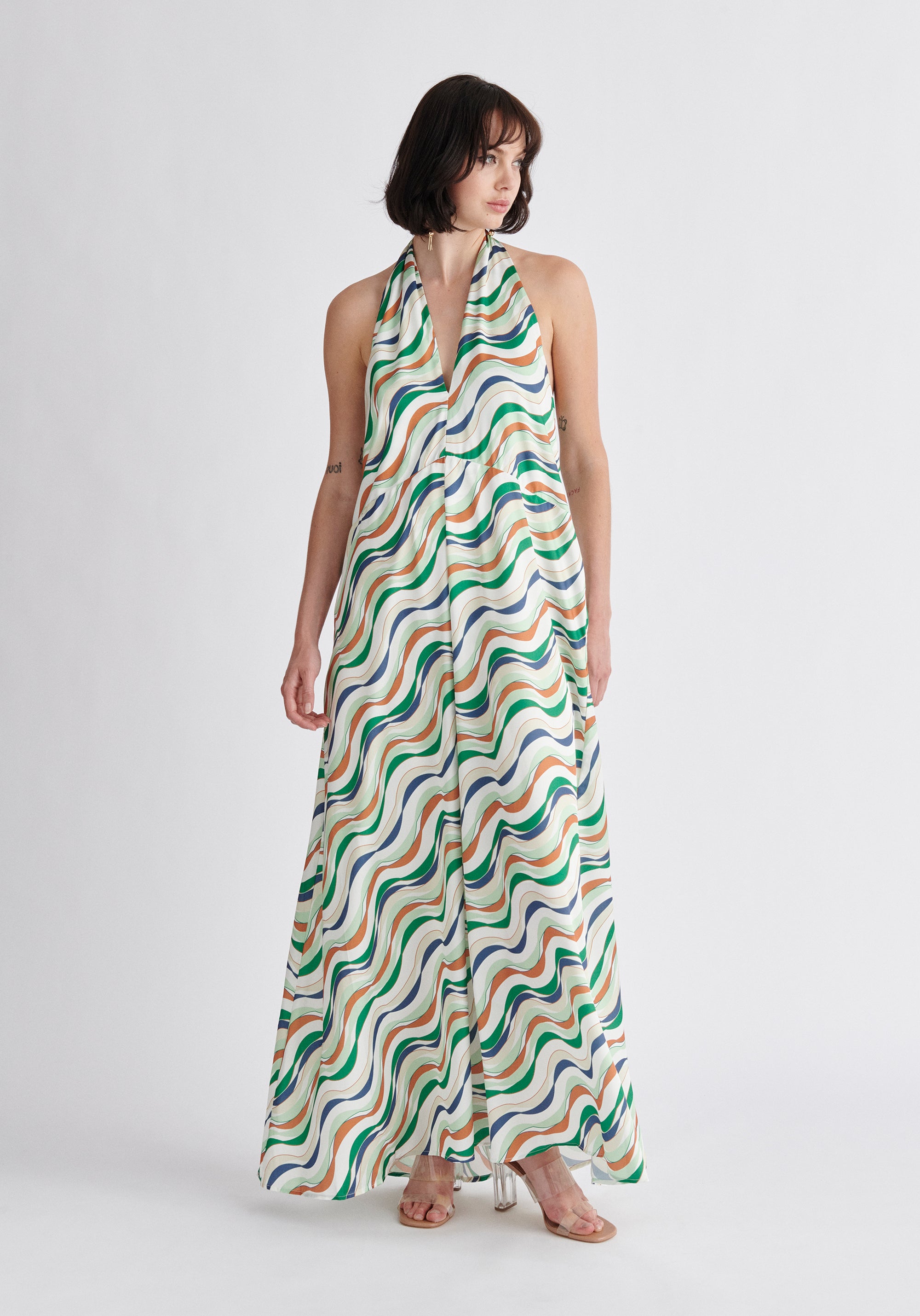 Paisie Wave Print Halterneck Maxi Dress in Green