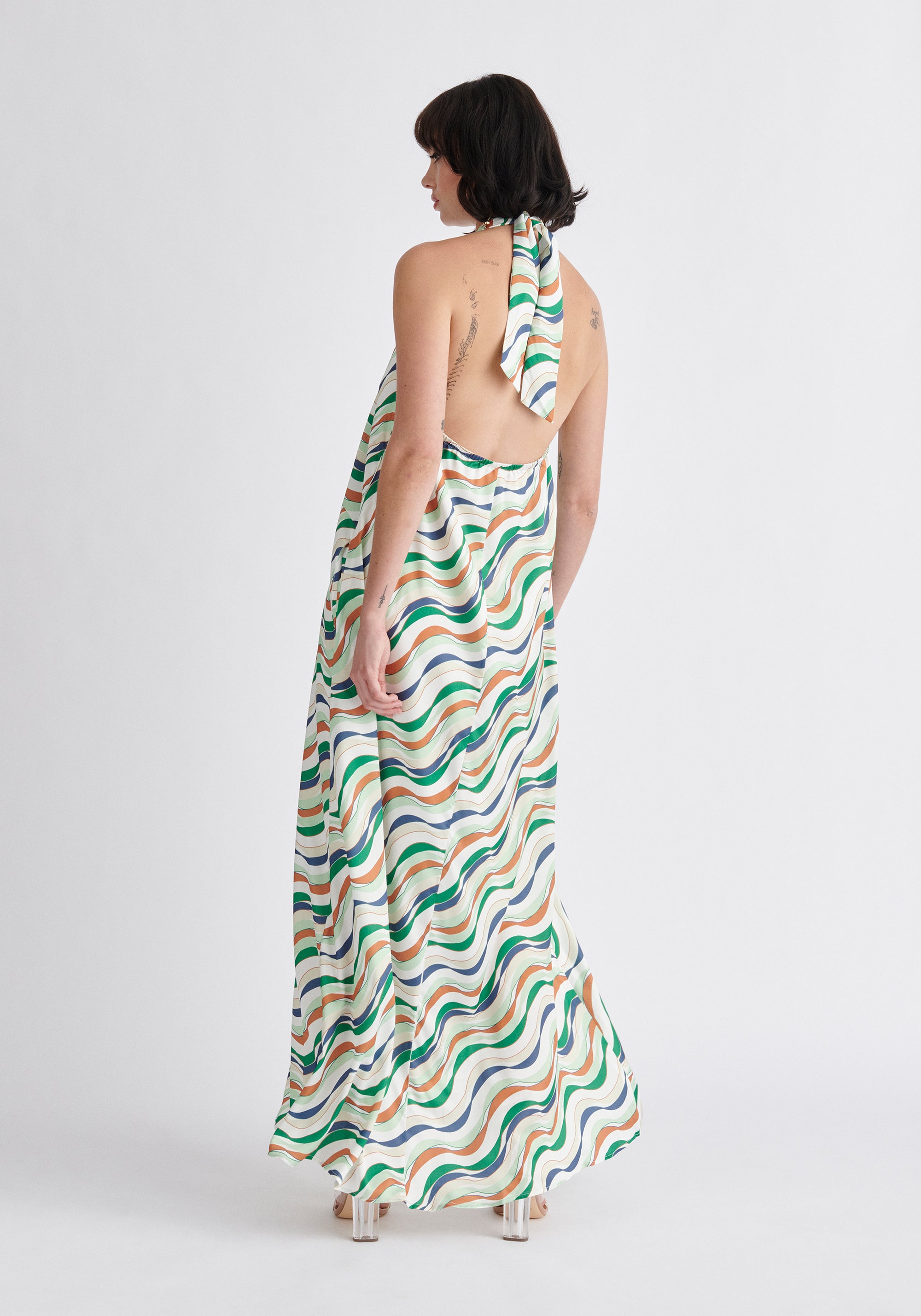 Paisie Wave Print Halterneck Maxi Dress in Green Back