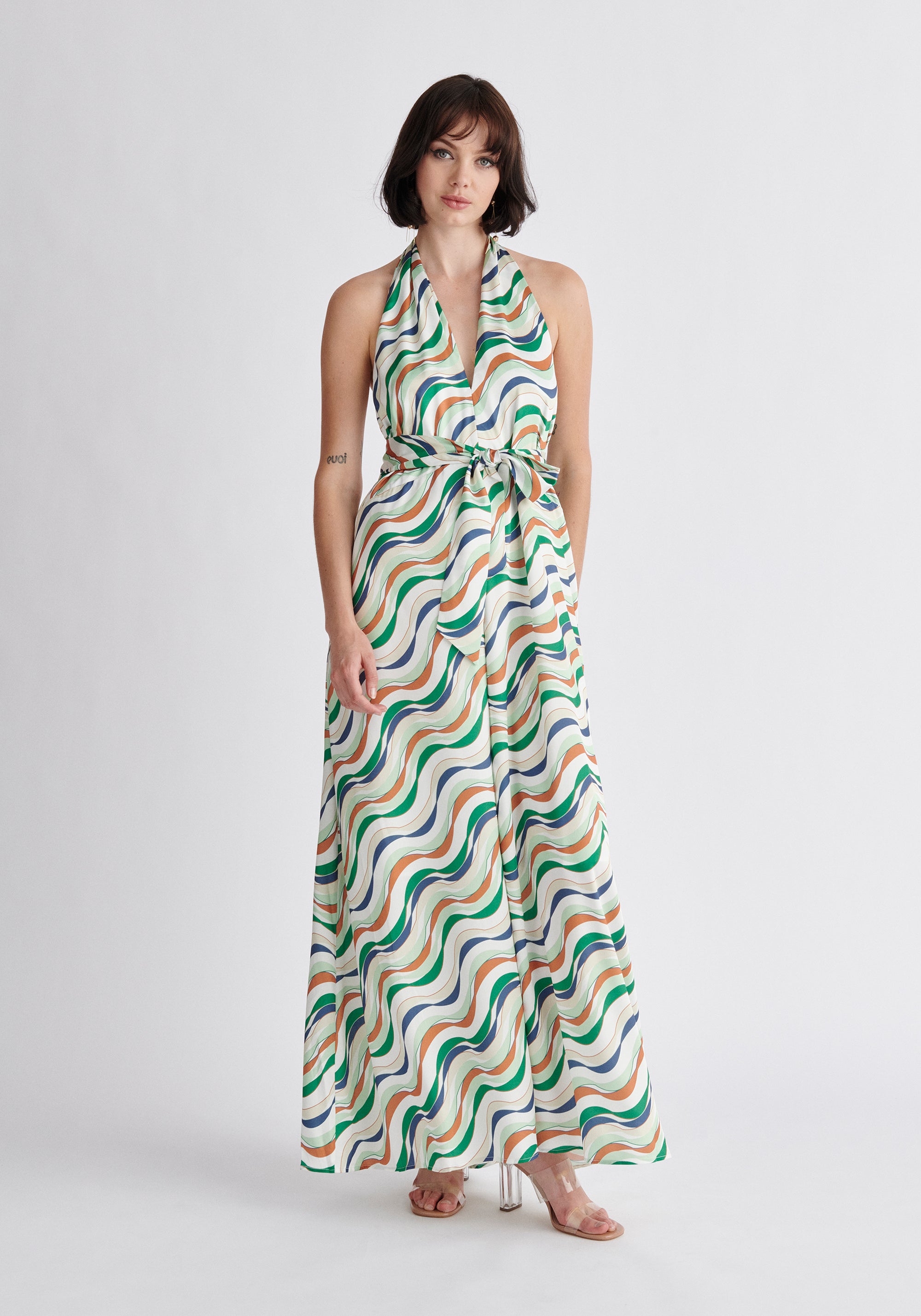 Paisie Wave Print Halterneck Maxi Dress in Green