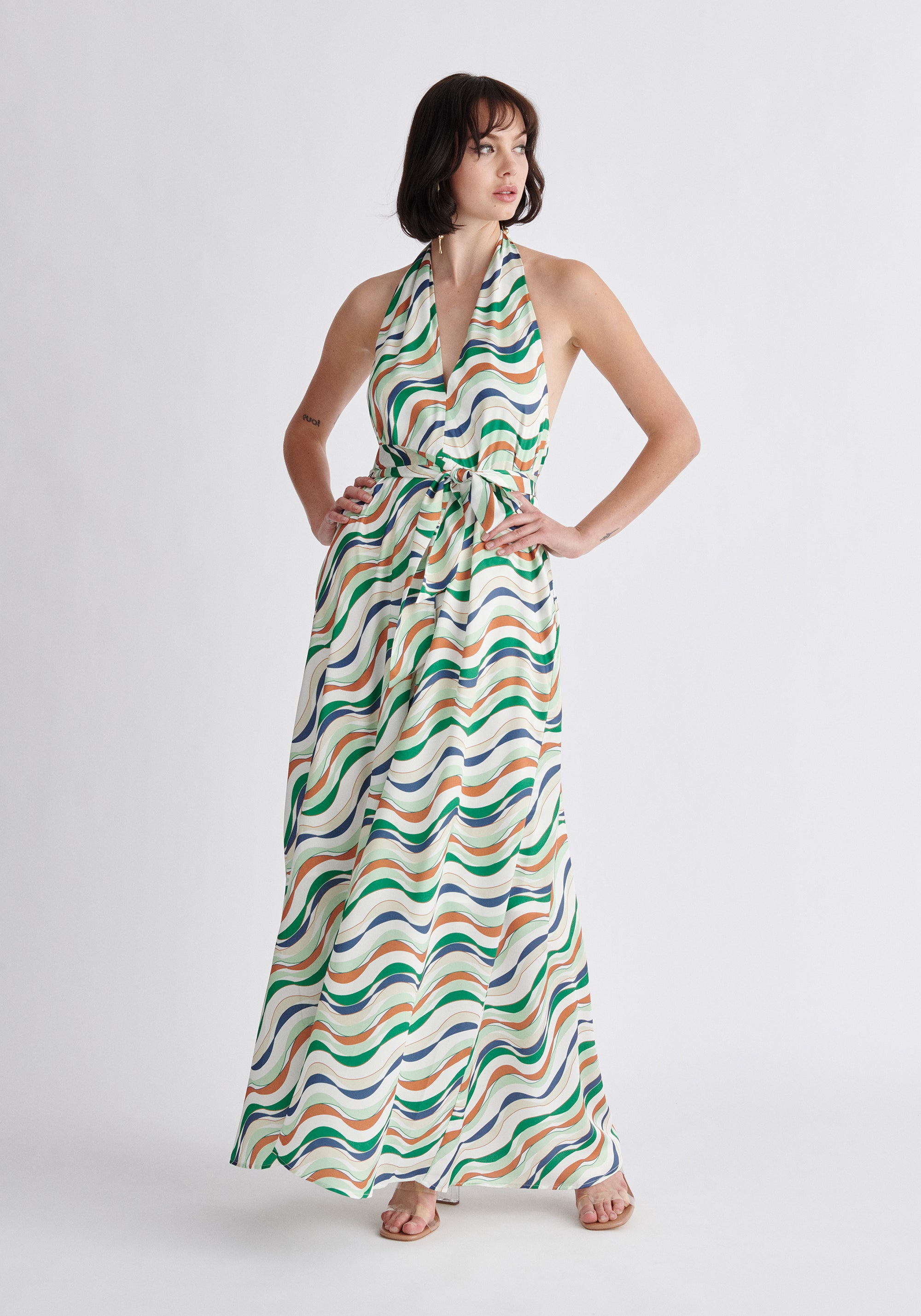 Paisie Wave Print Halterneck Maxi Dress in Green