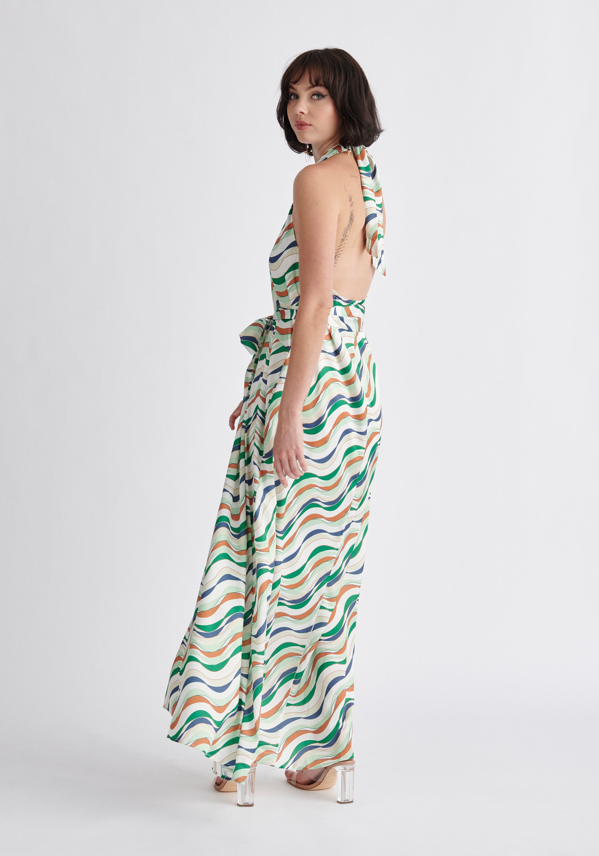 Paisie Wave Print Halterneck Maxi Dress in Green Side