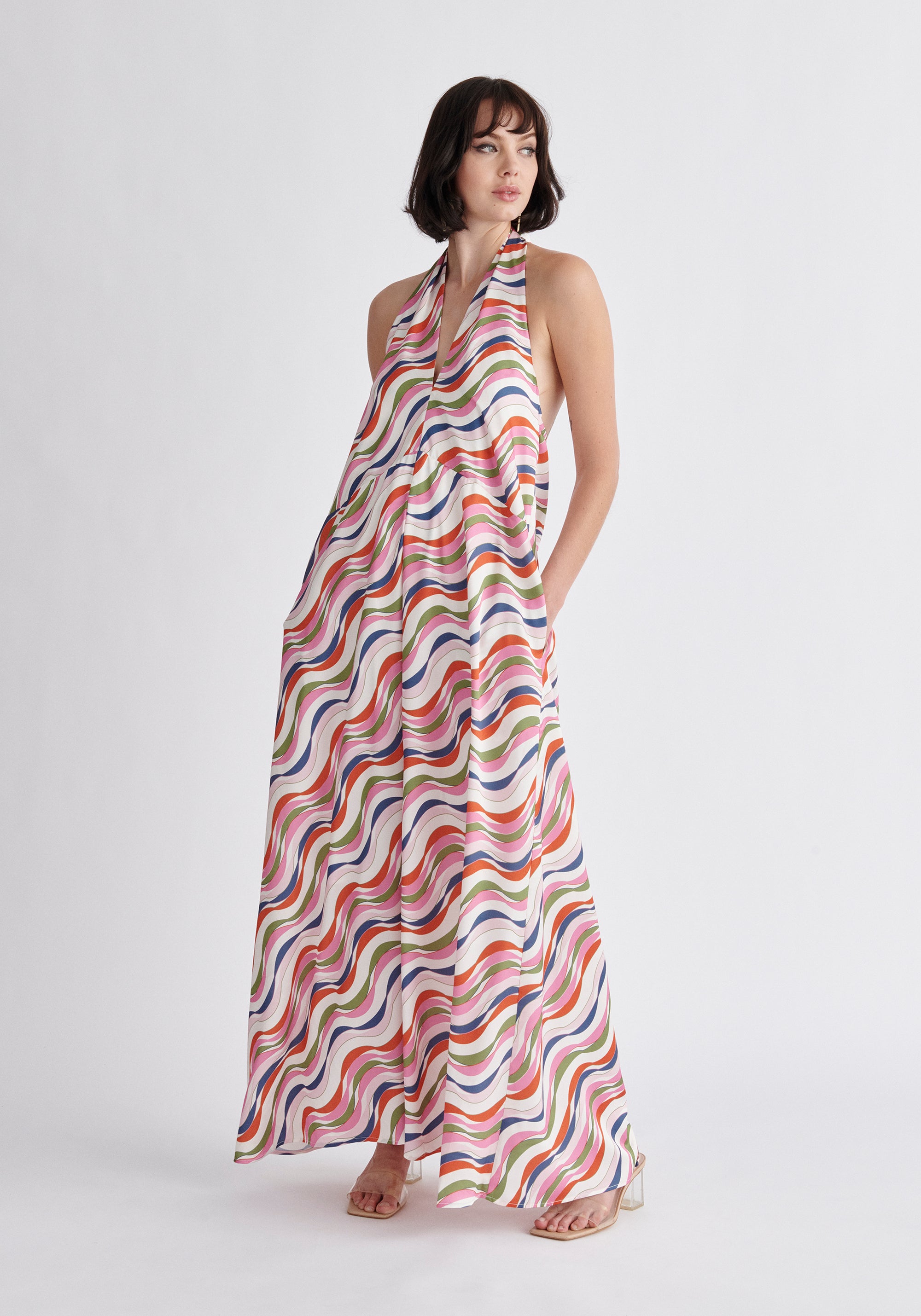 Paisie Wave Print Halterneck Maxi Dress in Pink