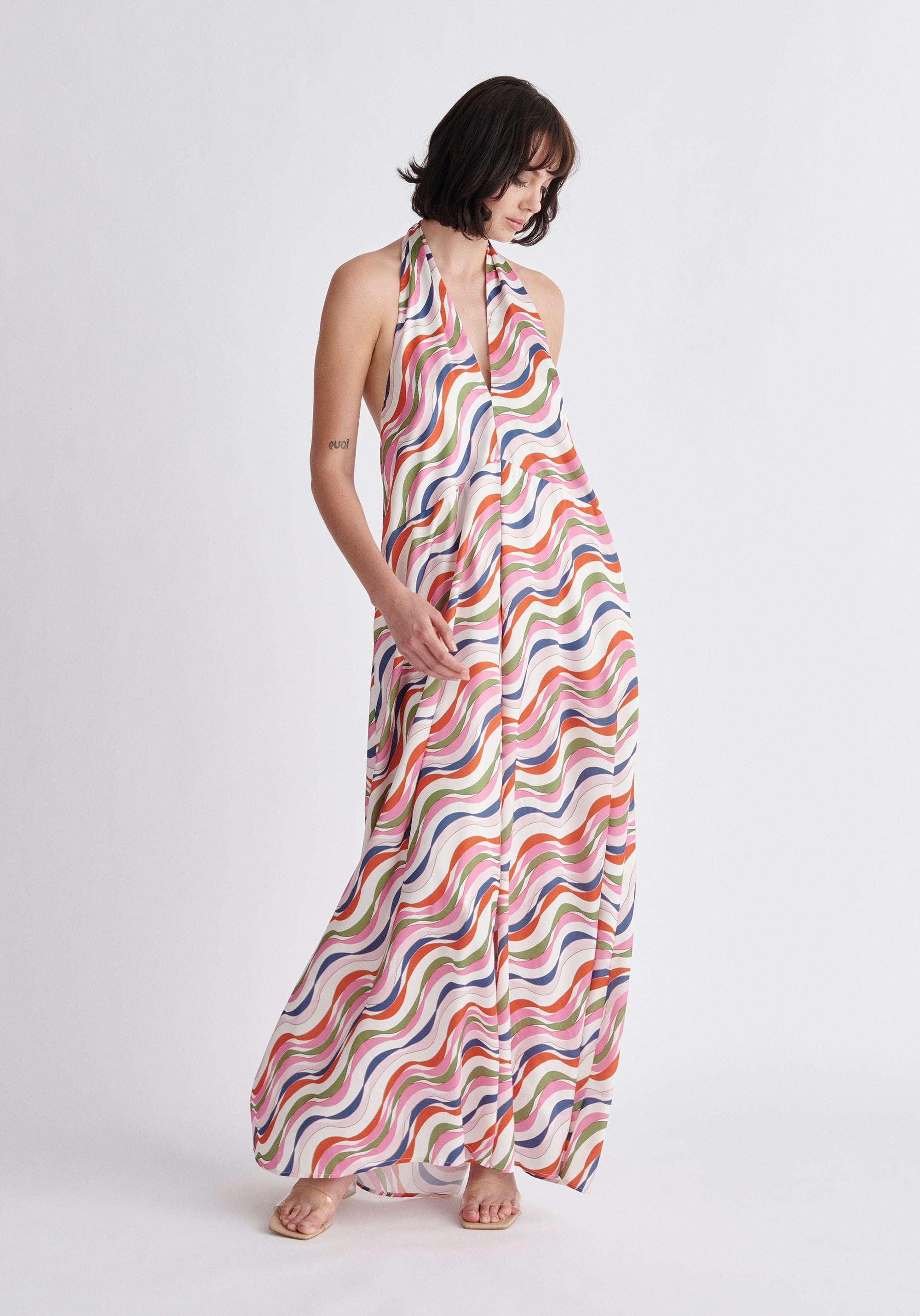 Paisie Wave Print Halterneck Maxi Dress in Pink