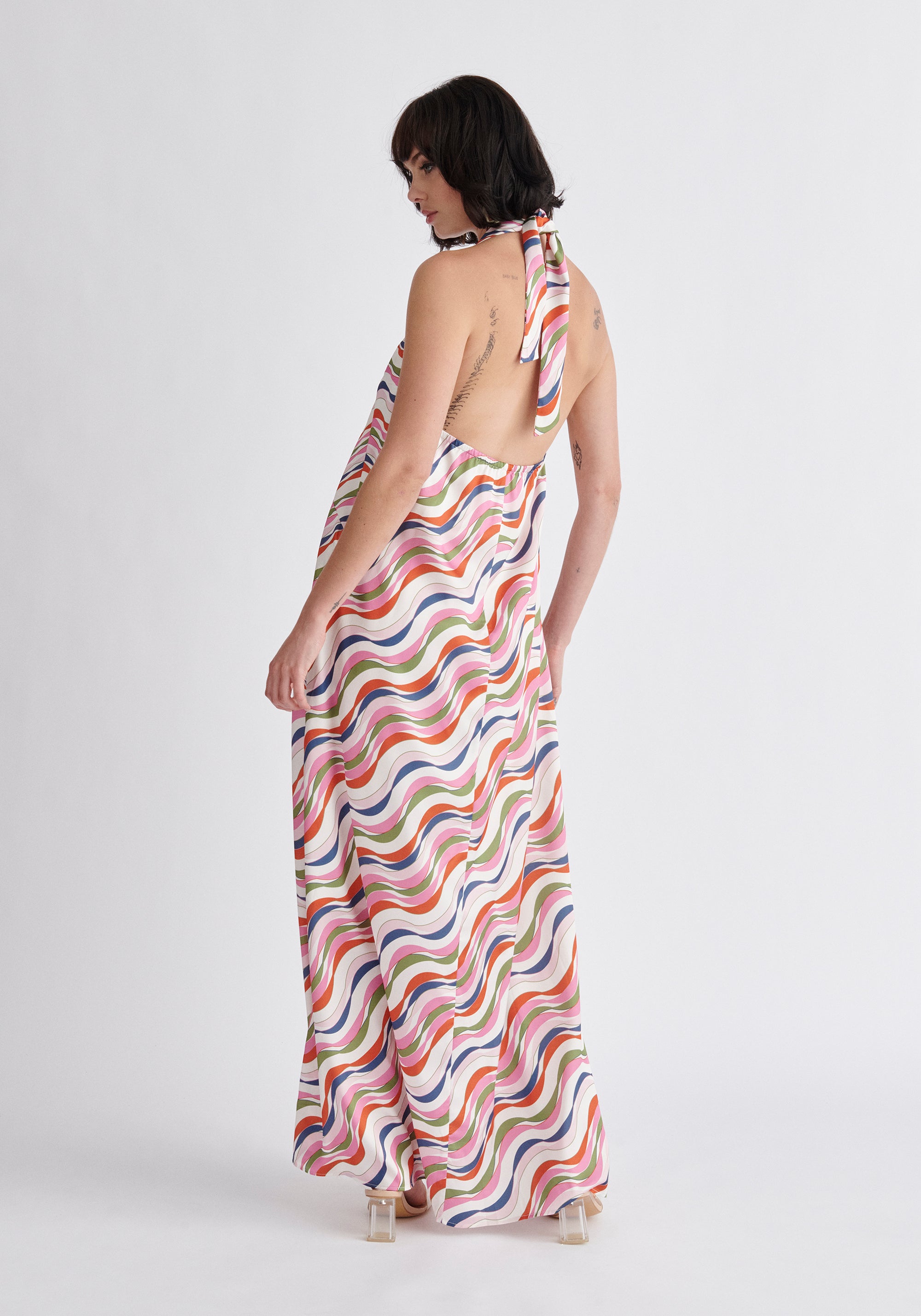 Paisie Wave Print Halterneck Maxi Dress in Pink Back