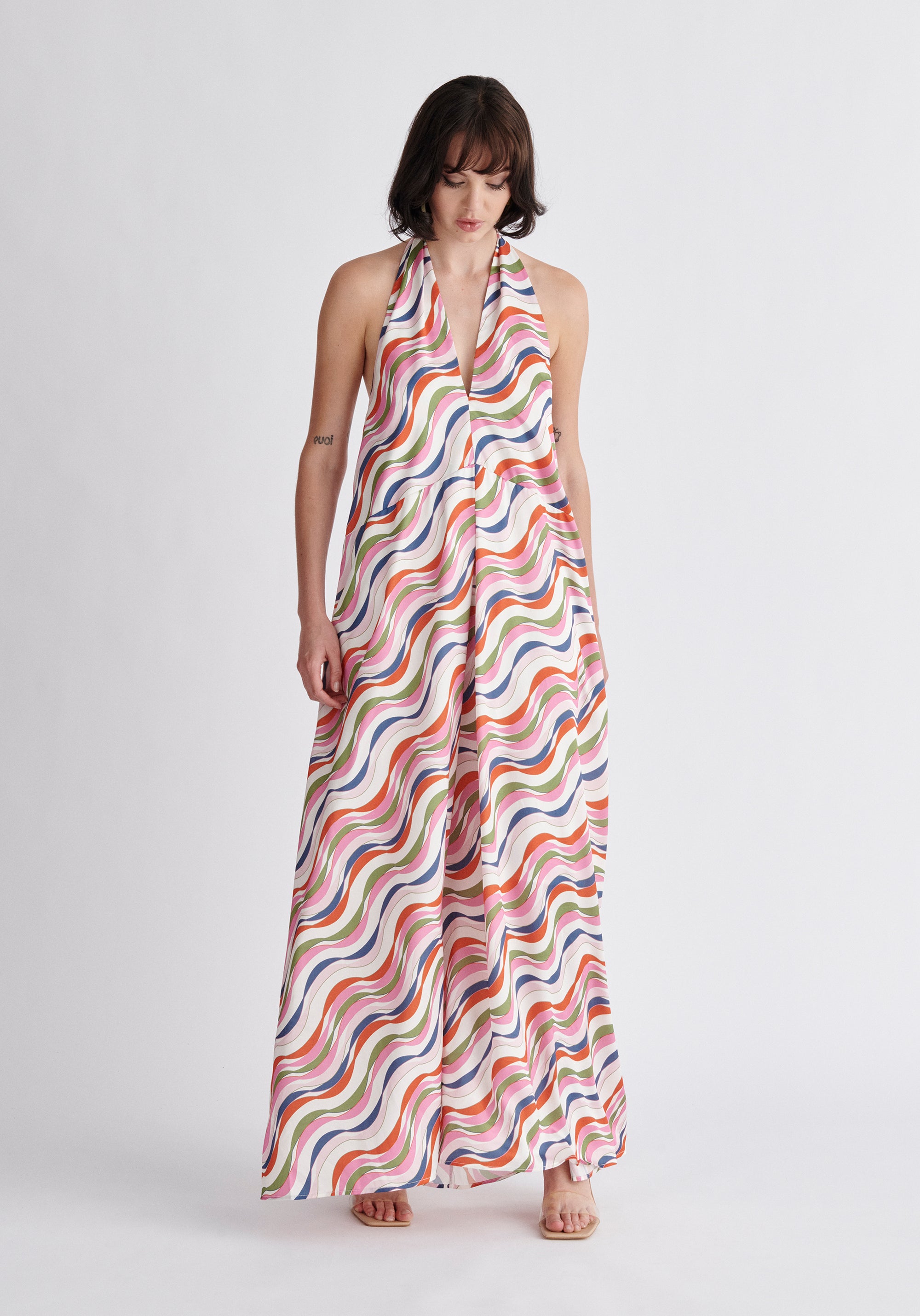 Paisie Wave Print Halterneck Maxi Dress in Pink