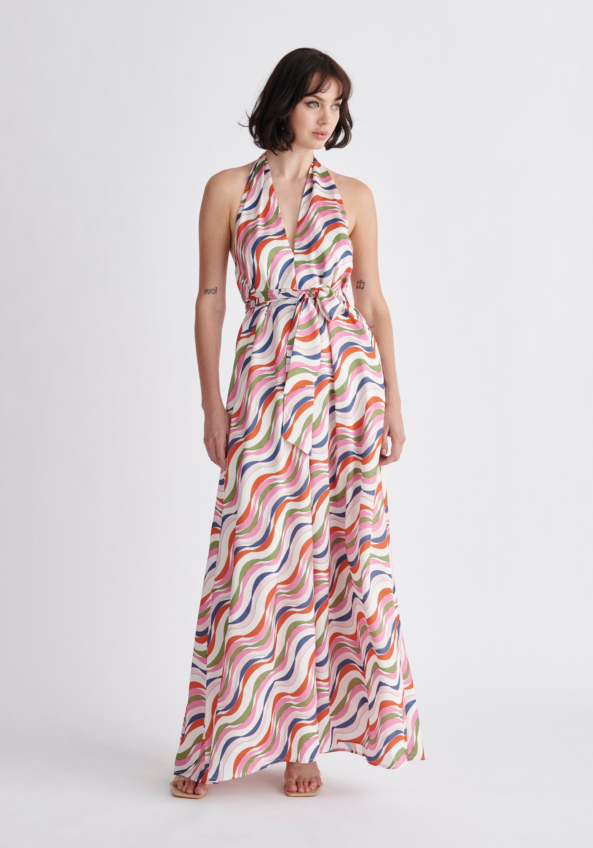 Paisie Wave Print Halterneck Maxi Dress in Pink