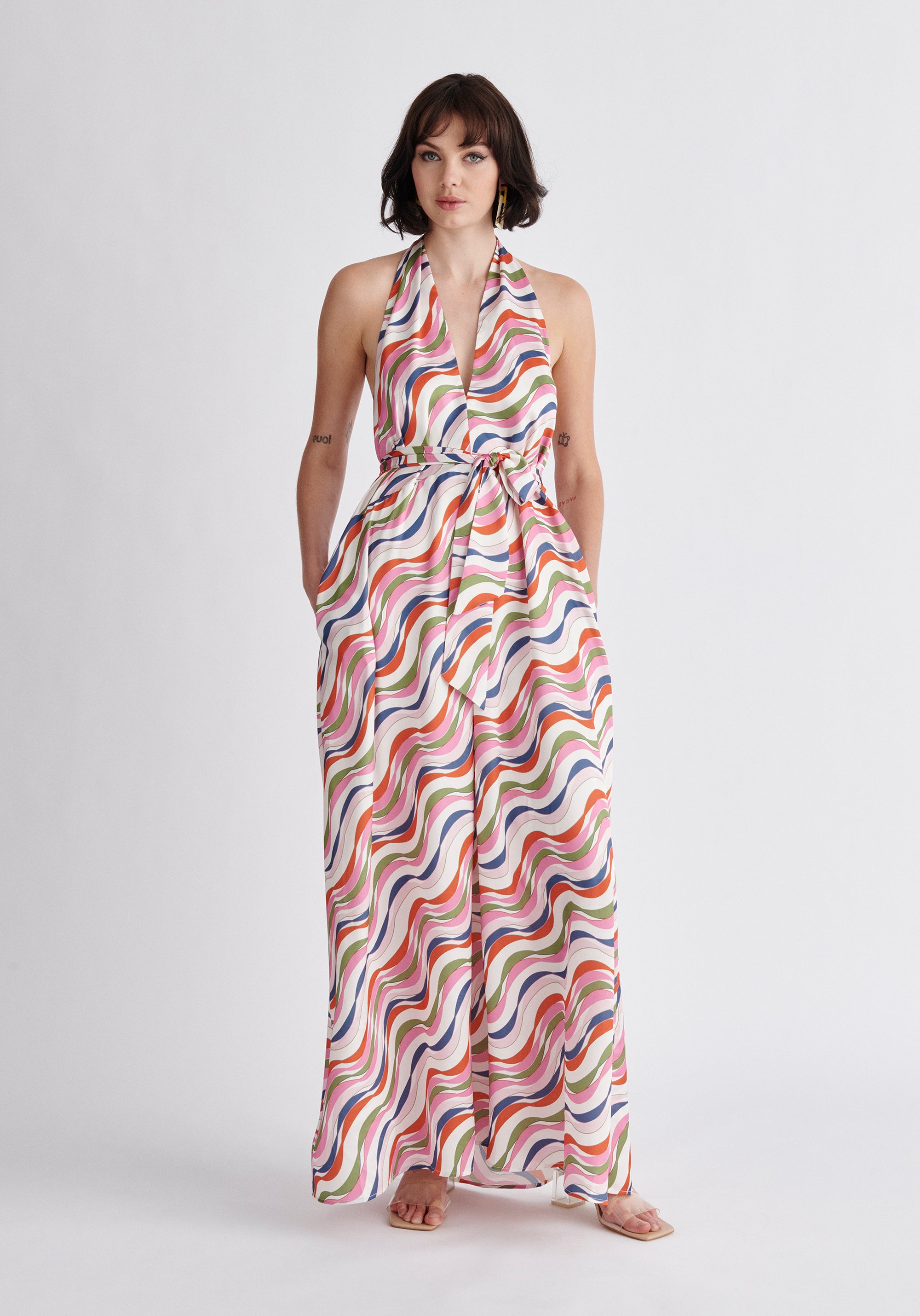 Paisie Wave Print Halterneck Maxi Dress in Pink