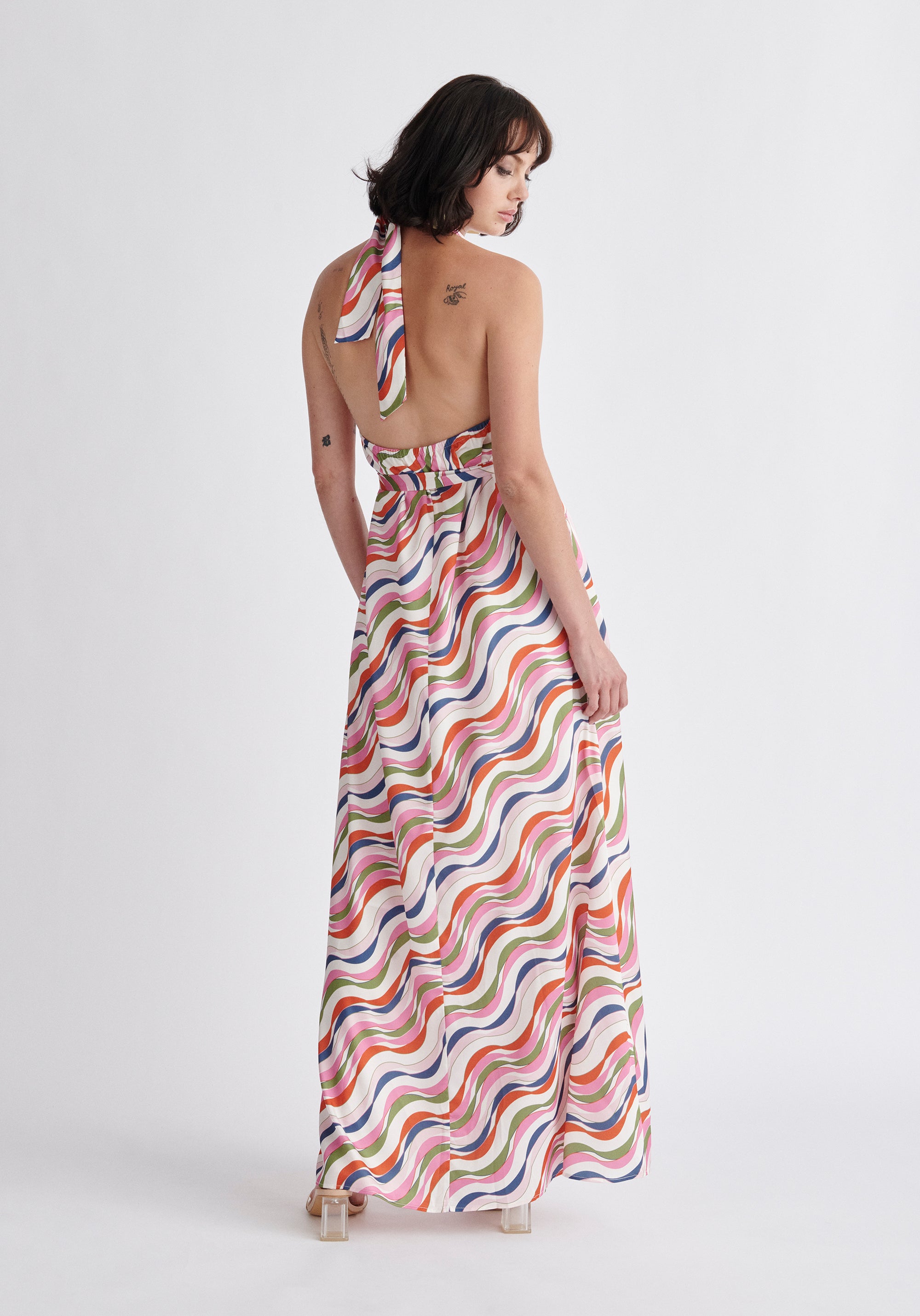 Paisie Wave Print Halterneck Maxi Dress in Pink Back