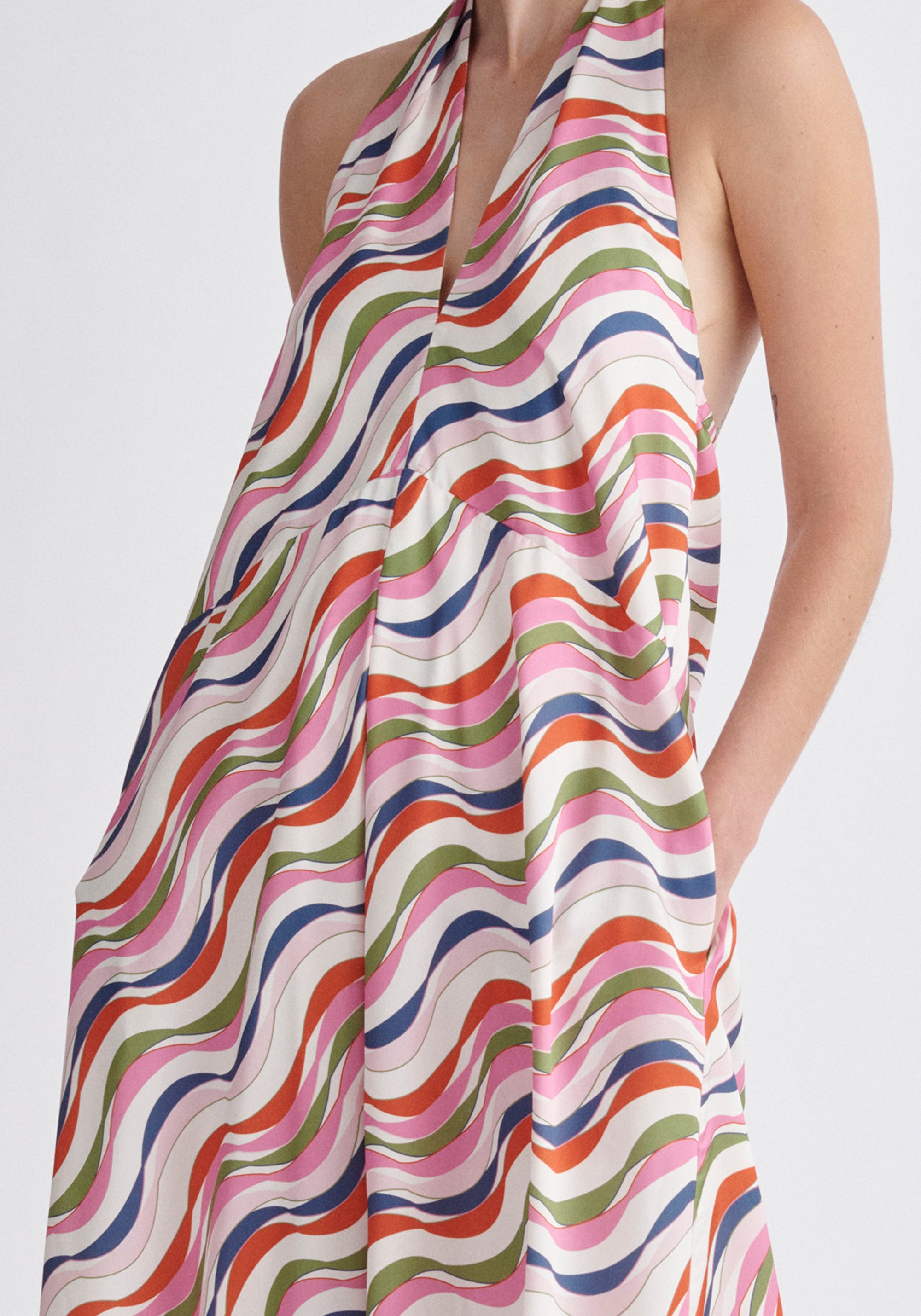 Paisie Wave Print Halterneck Maxi Dress in Pink Close Up