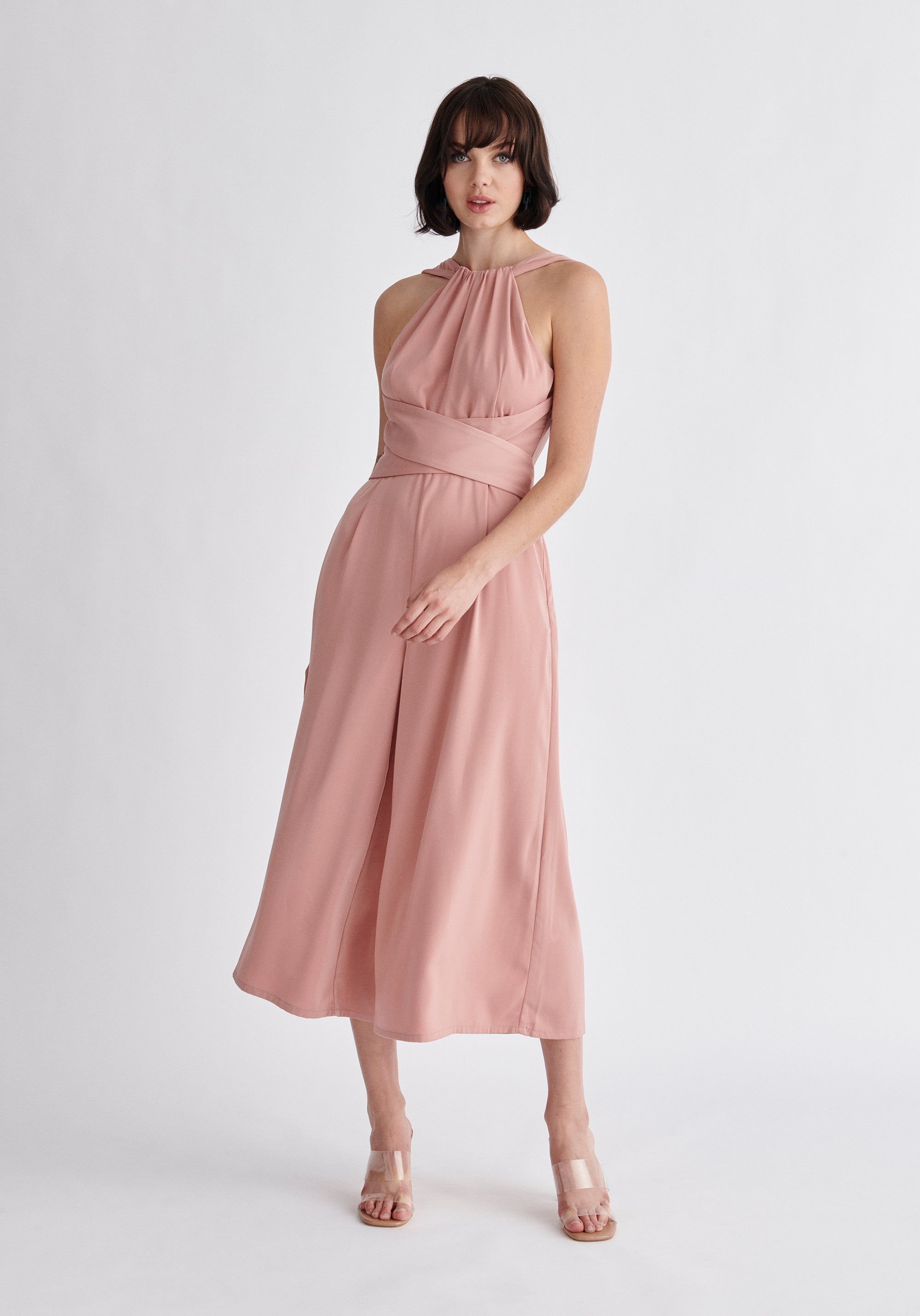 Paisie Cross Waist Halterneck Jumpsuit in Pink