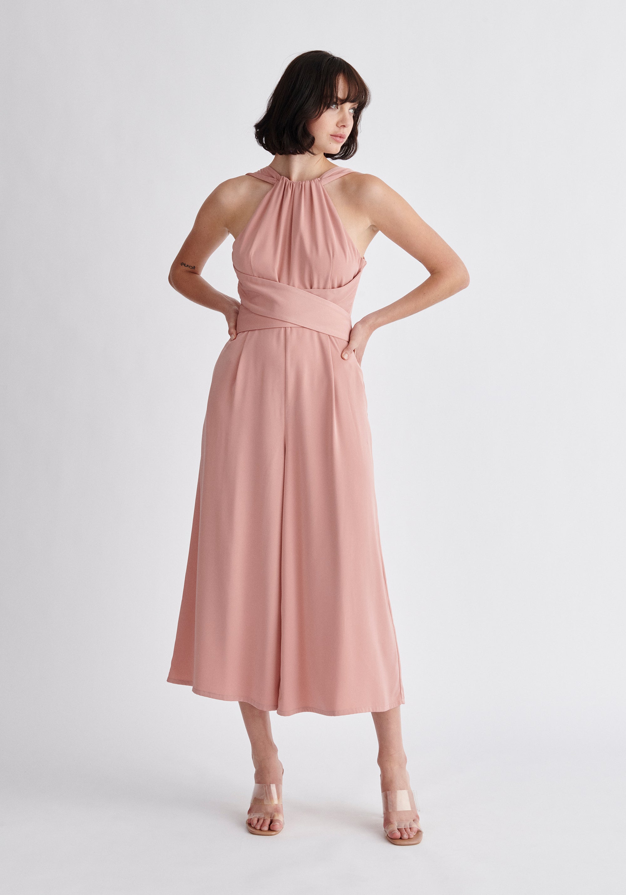 Paisie Cross Waist Halterneck Jumpsuit in Pink