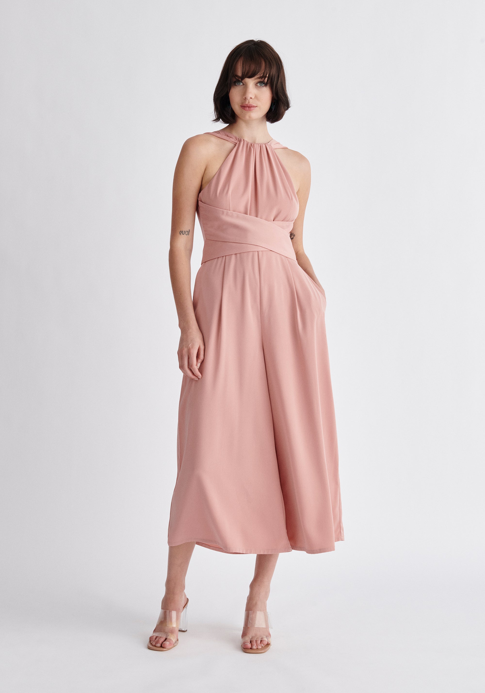 Paisie Cross Waist Halterneck Jumpsuit in Pink