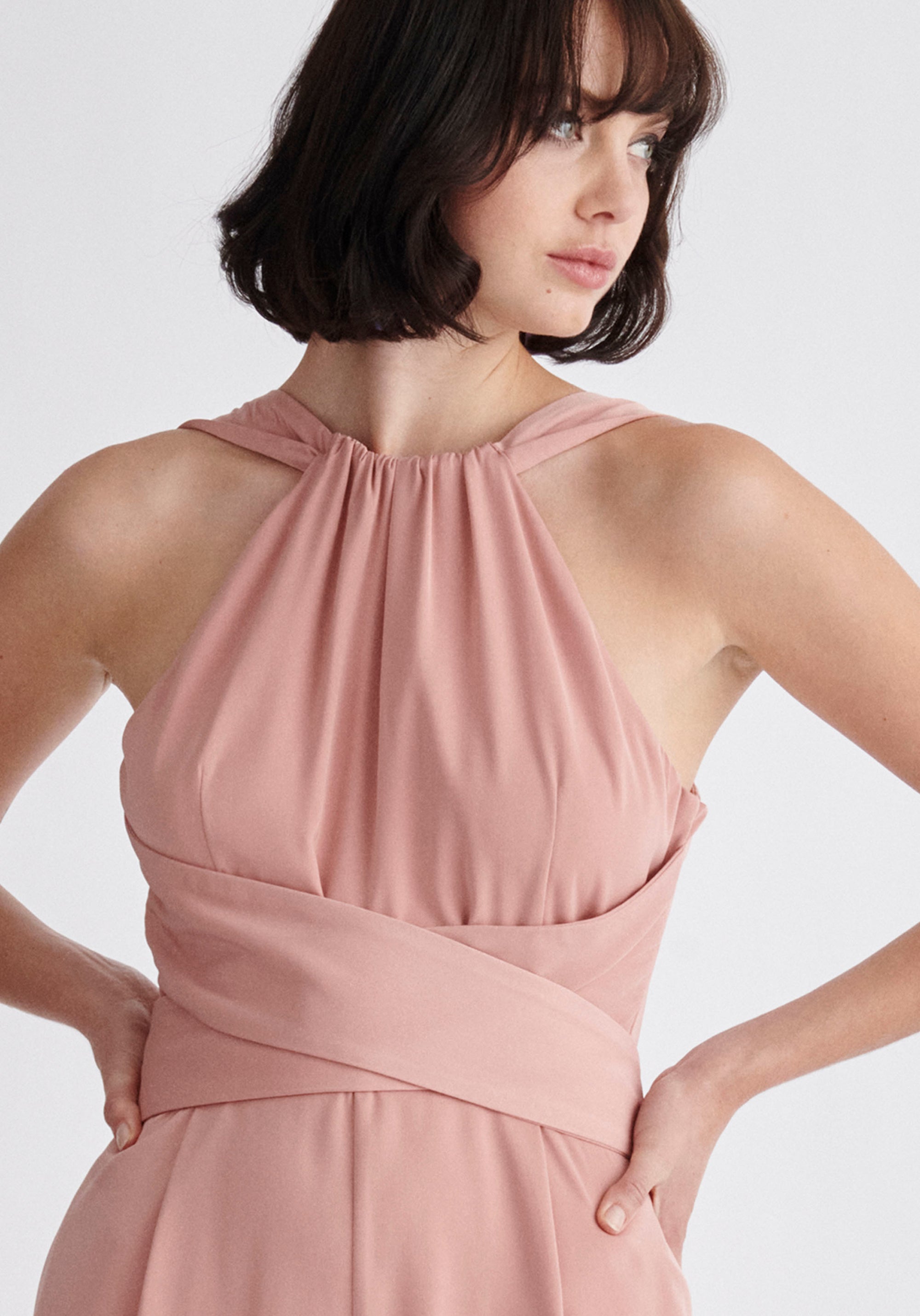 Paisie Cross Waist Halterneck Jumpsuit in Pink Close Up