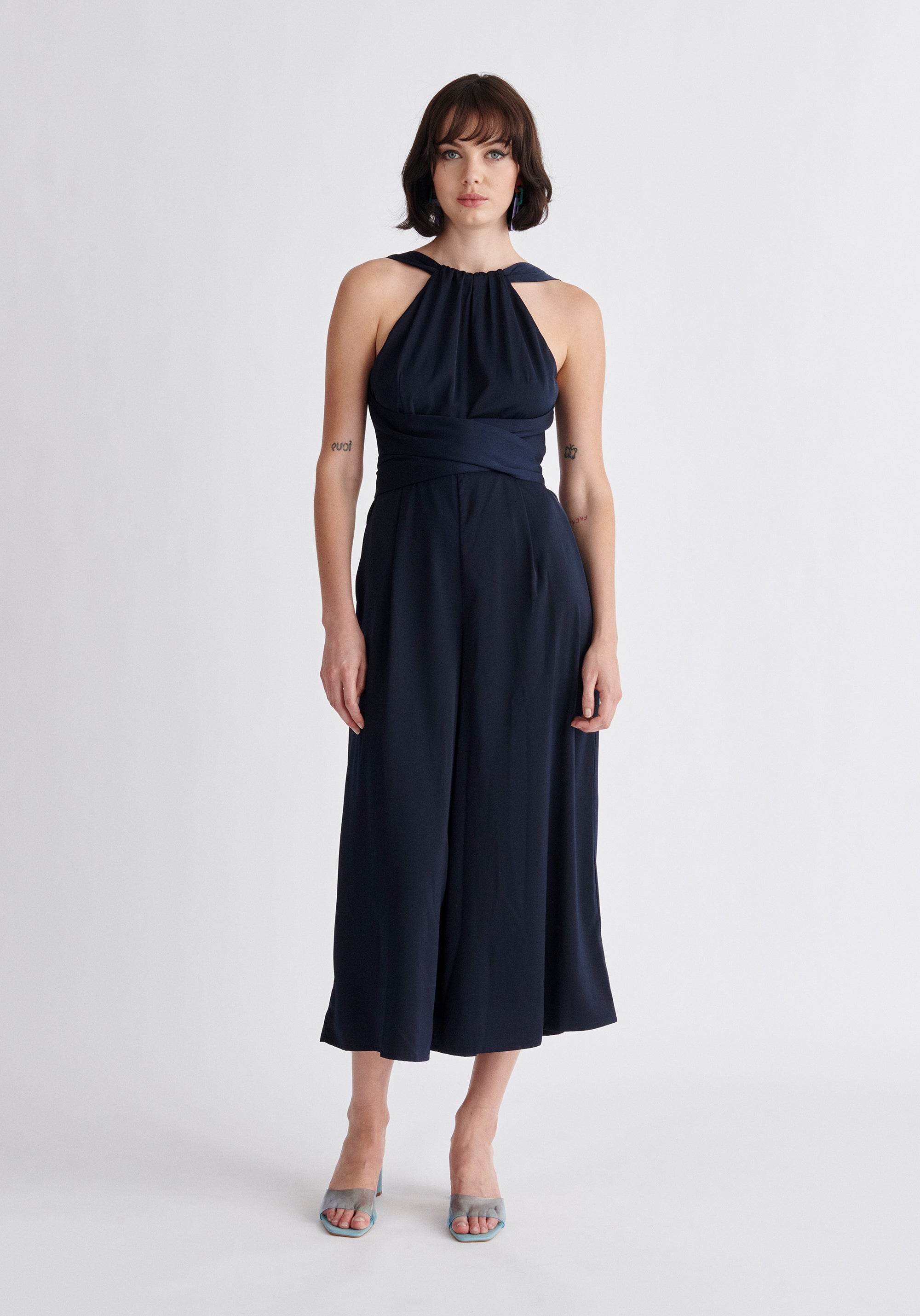 Paisie Cross Waist Halterneck Jumpsuit in Navy