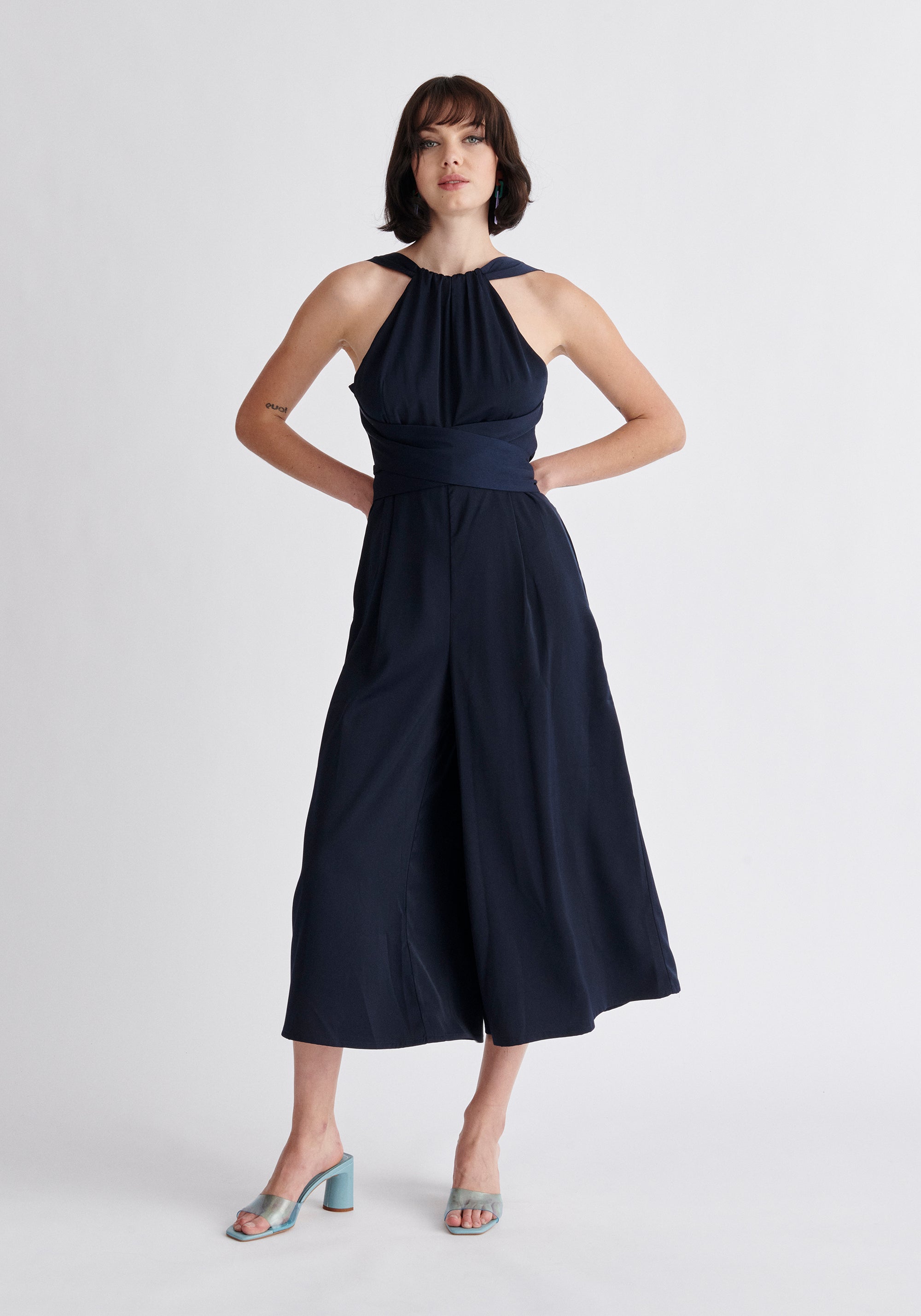 Paisie Cross Waist Halterneck Jumpsuit in Navy