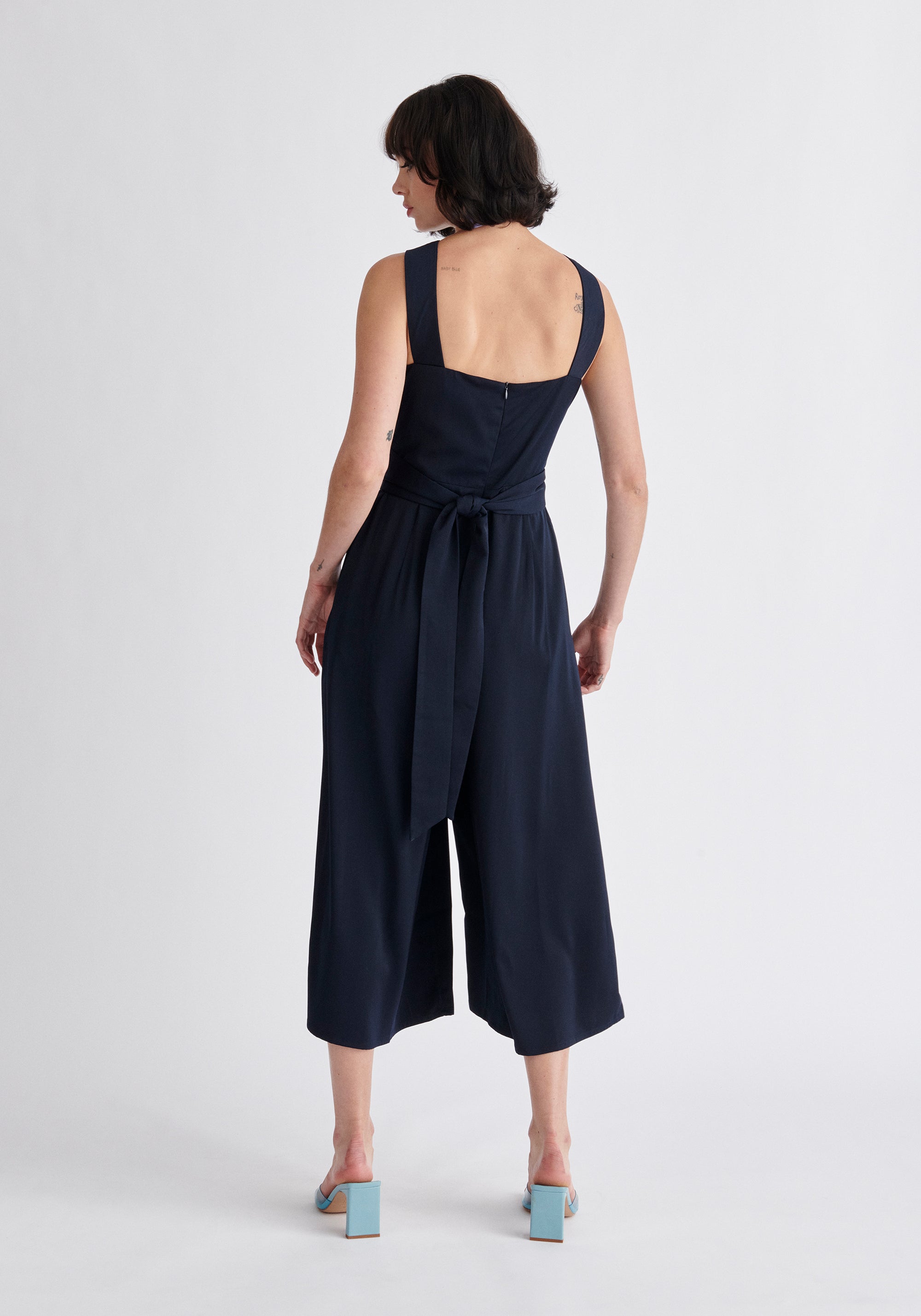 Paisie Cross Waist Halterneck Jumpsuit in Navy Back