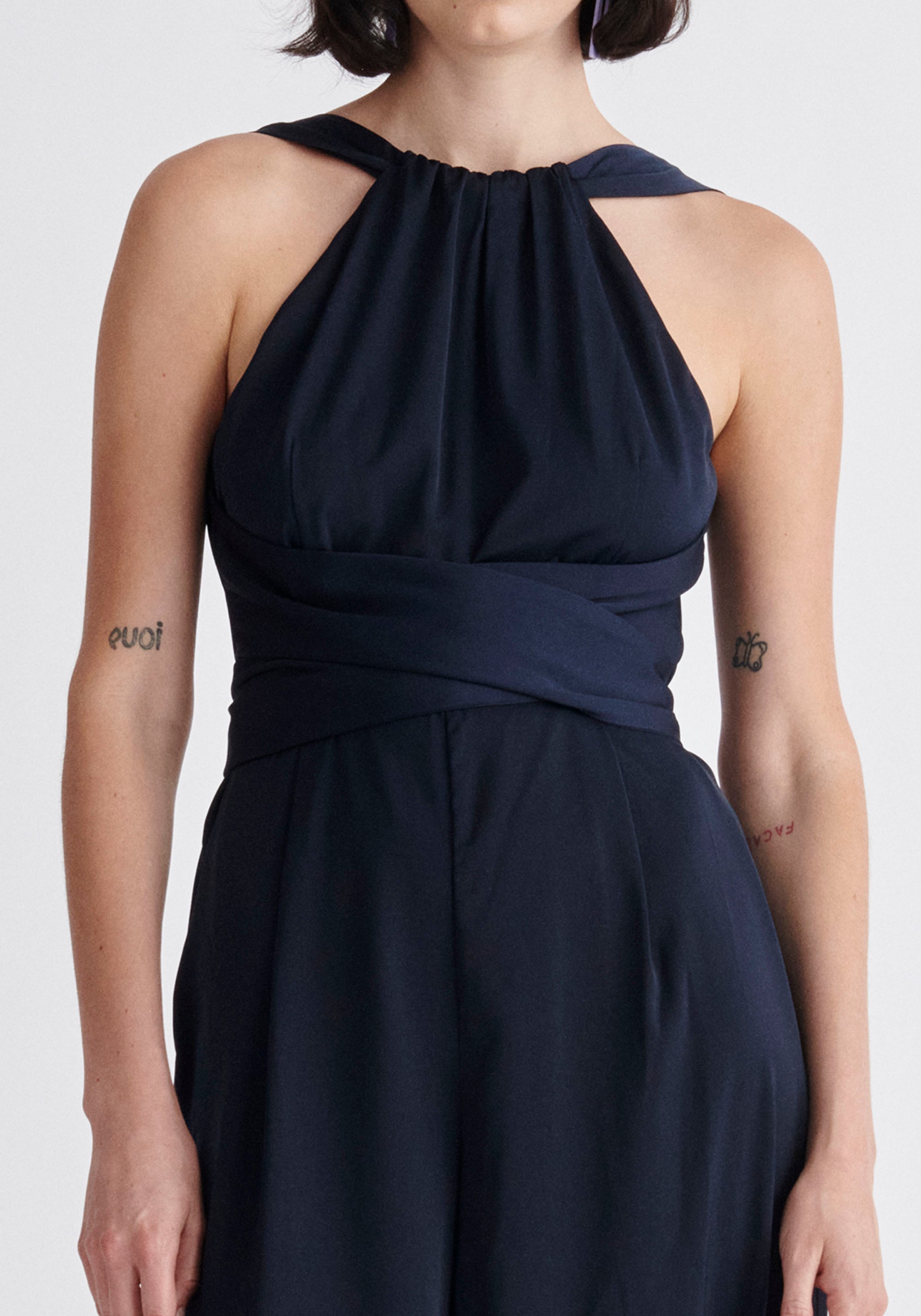 Paisie Cross Waist Halterneck Jumpsuit in Navy Close Up