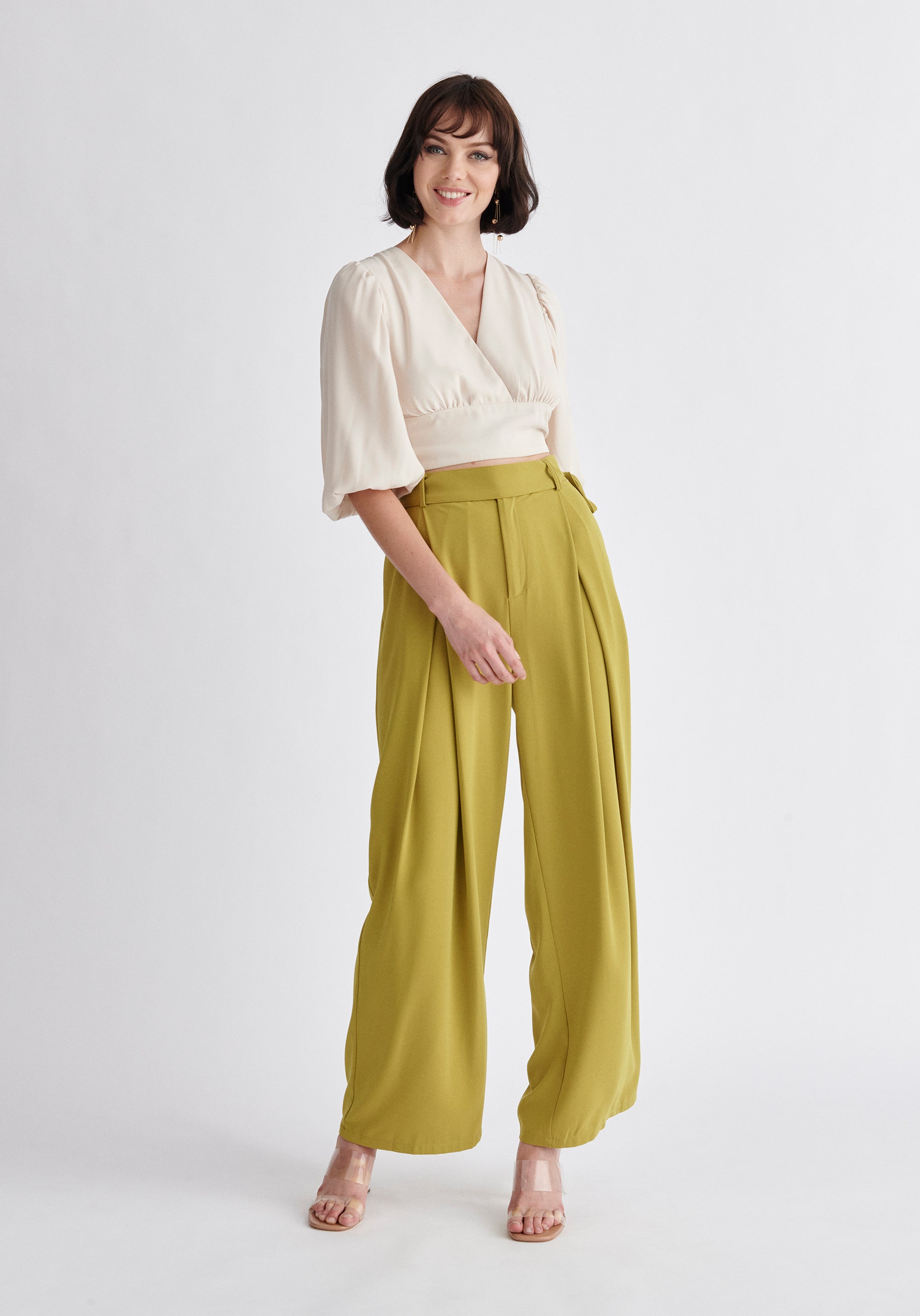 Paisie Wrap Crop Top in Beige