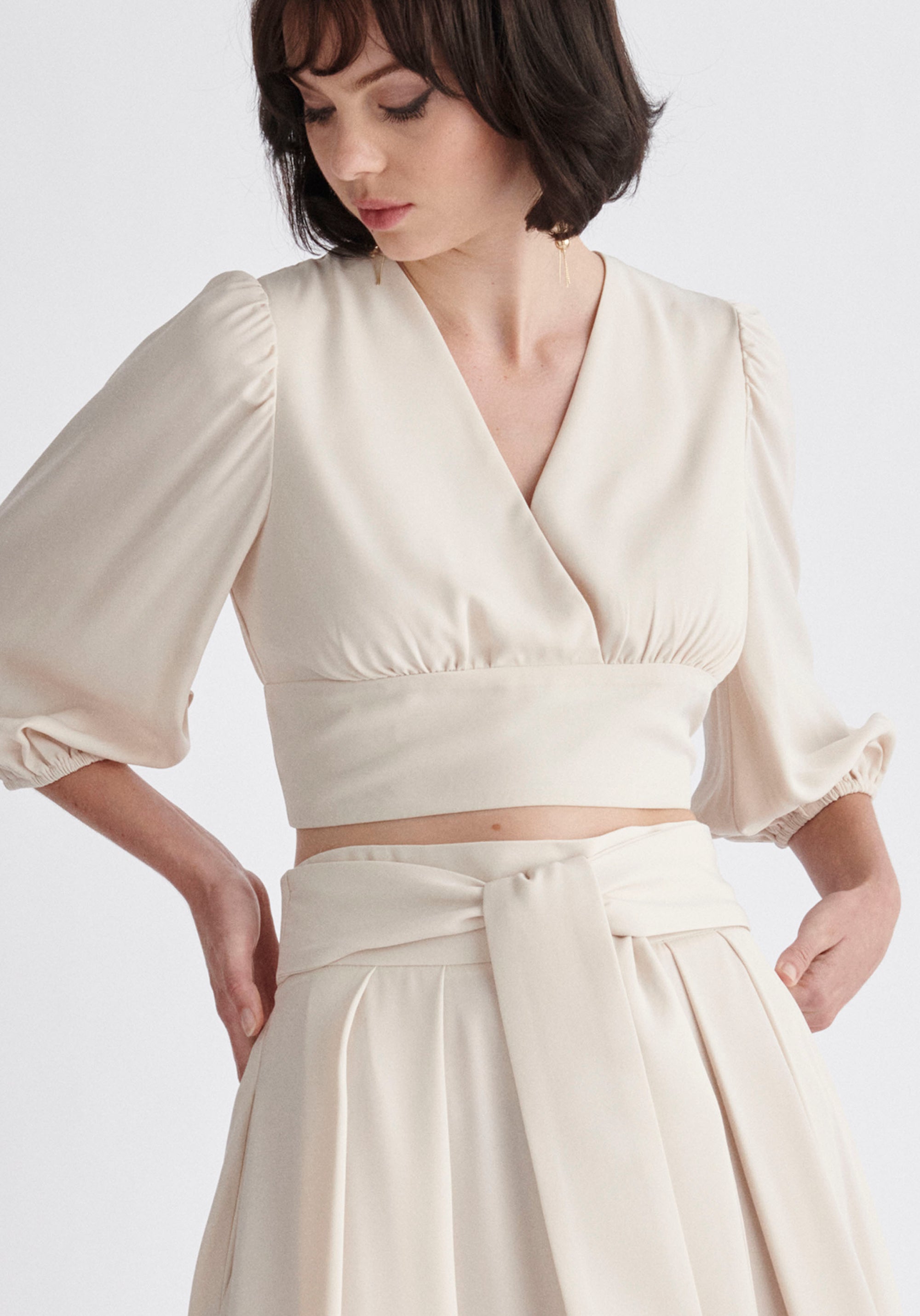 Paisie Wrap Crop Top in Beige Close Up