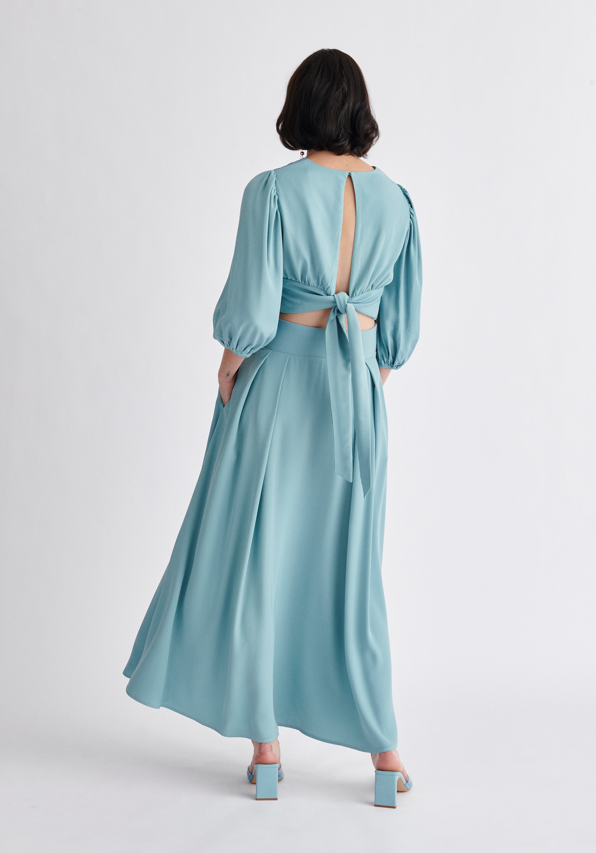 Paisie Maxi Tie Skirt in Light Blue Back